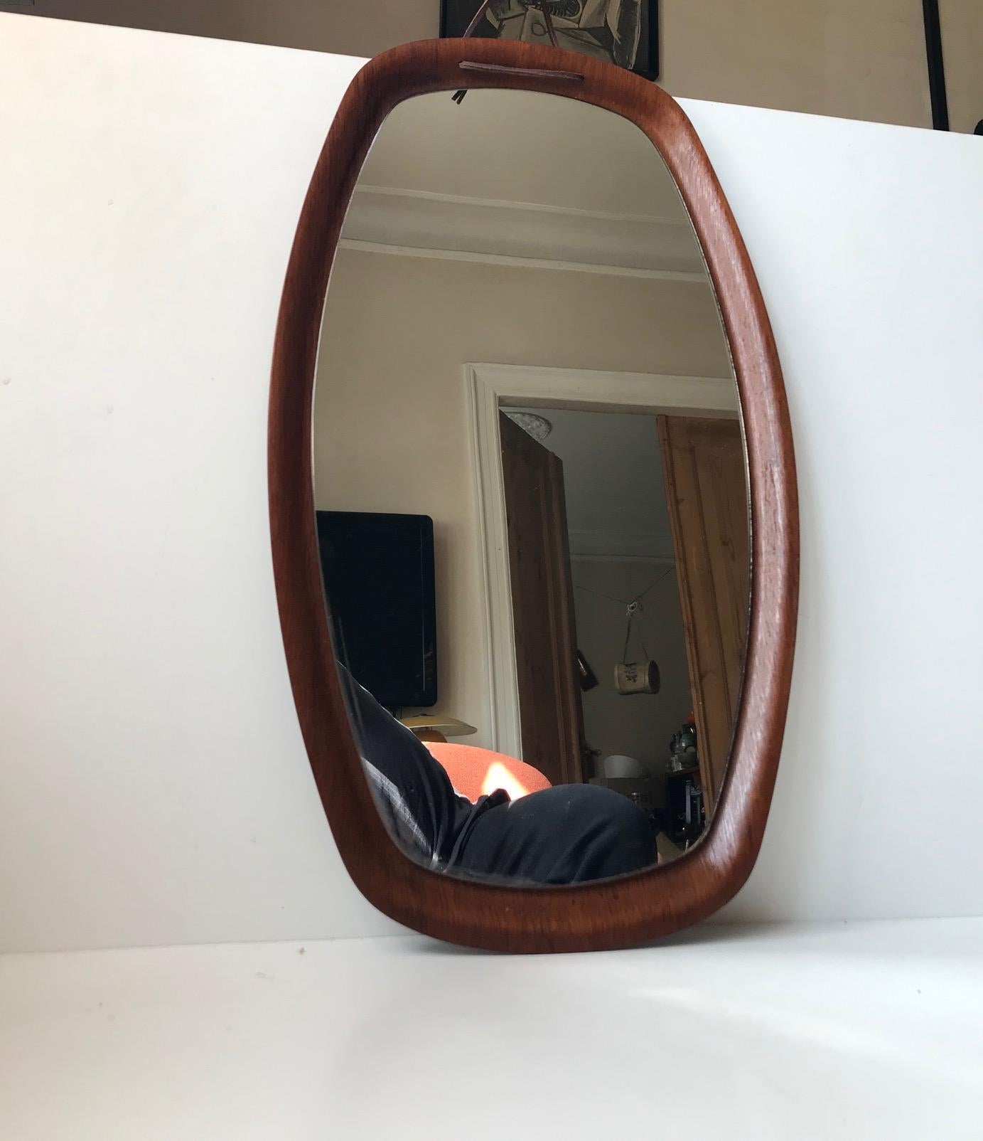 Mid-Century Modern Vintage Danish Leather Suspended Teak Mirror, 1960s