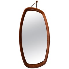 Vintage Danish Leather Suspended Teak Mirror, 1960s