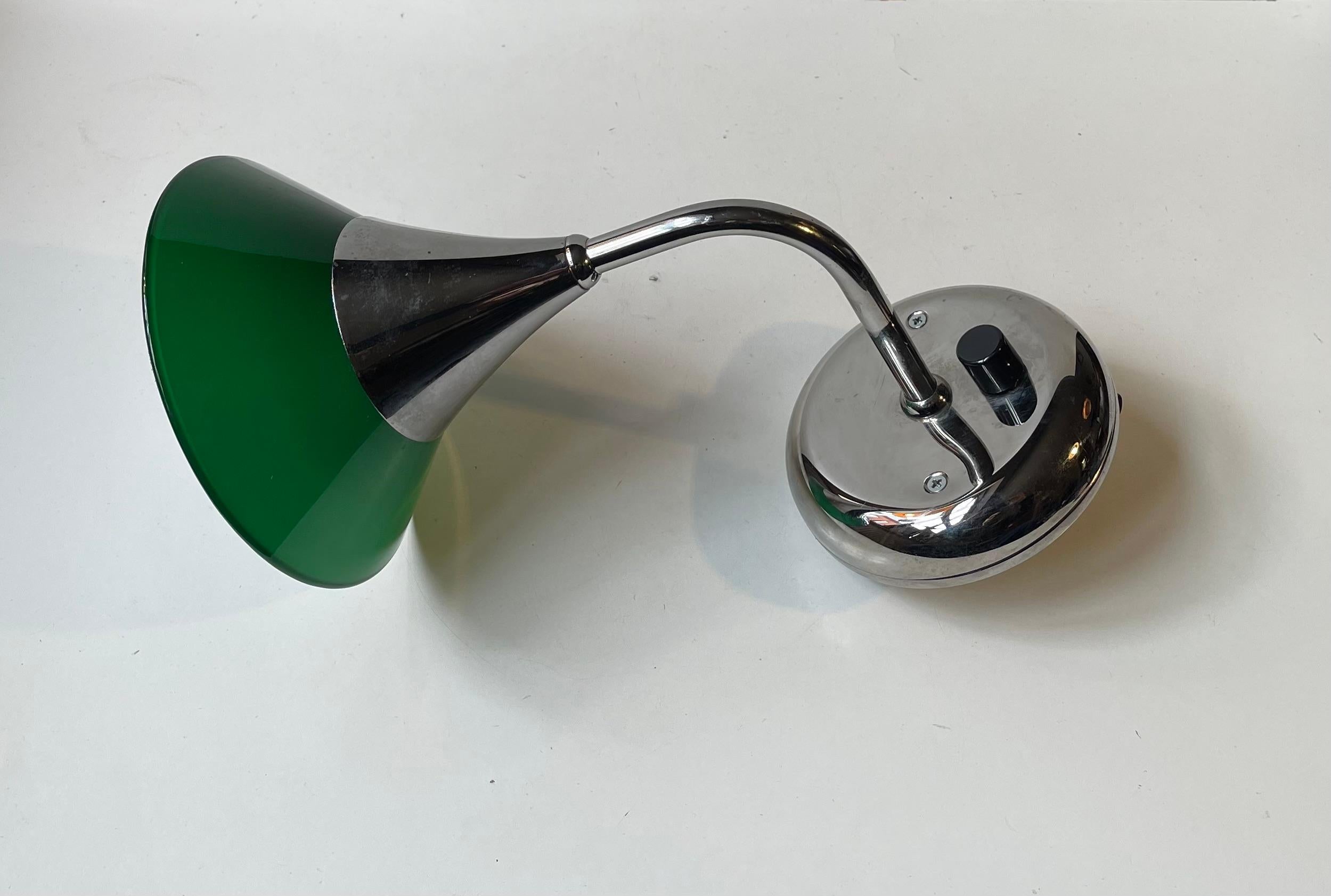Modern Vintage Danish Library Up-light Wall Sconce with Green Glass Shade For Sale