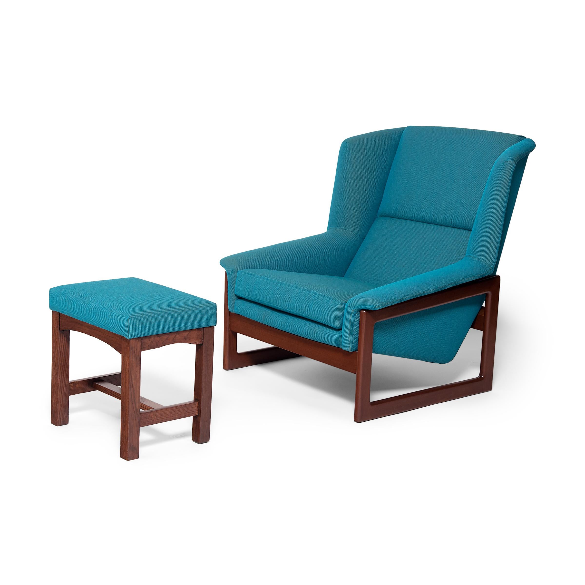 This vintage lounge chair with matching ottoman is a colorful example of Scandinavian Modern furniture and an homage to the iconic designs of midcentury designer Folke Ohlsson. Recently reupholstered in a vibrant teal fabric, the set exemplifies the