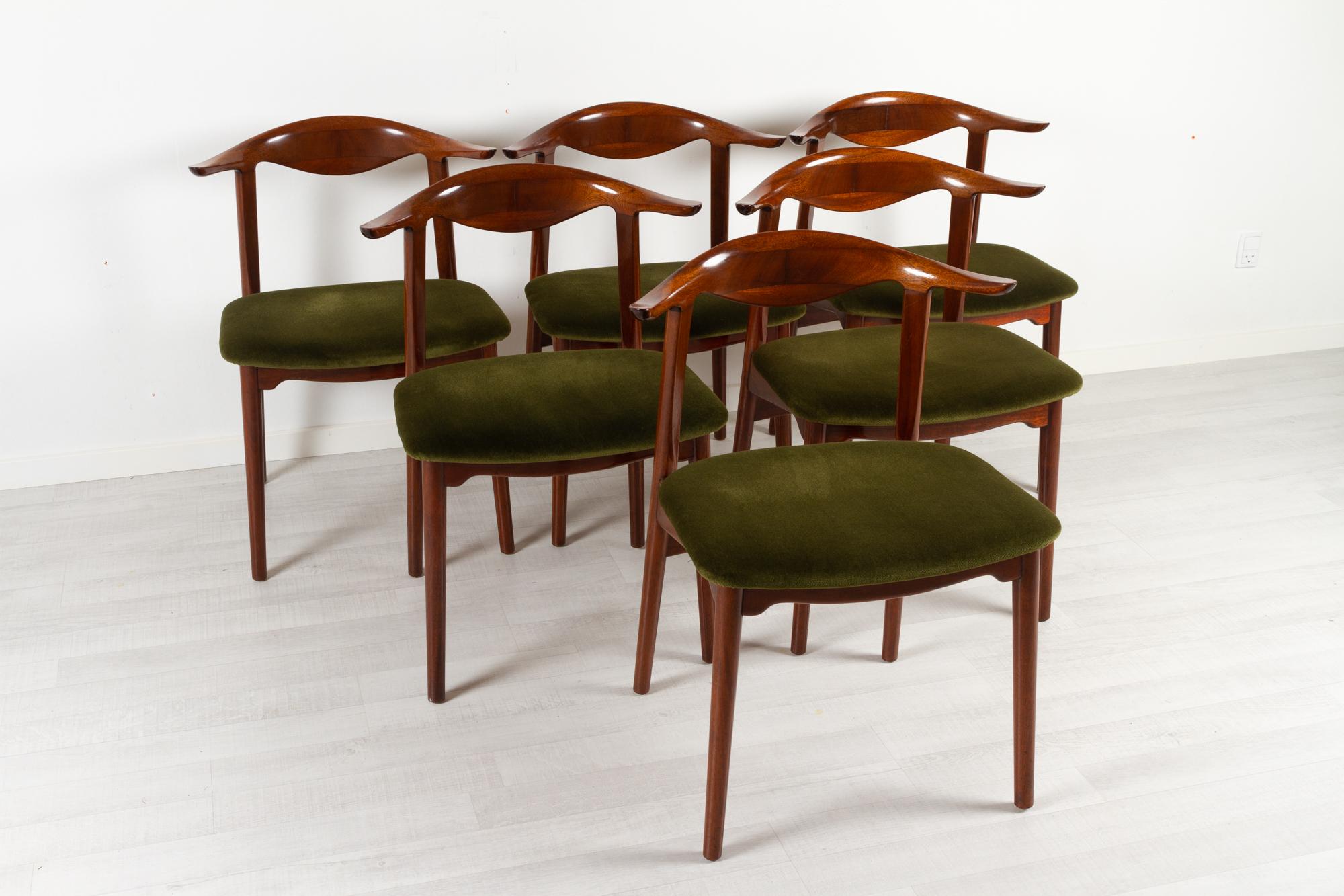 Vintage Danish Mahogany Cowhorn Chairs 1940s, Set of 6 In Good Condition For Sale In Asaa, DK