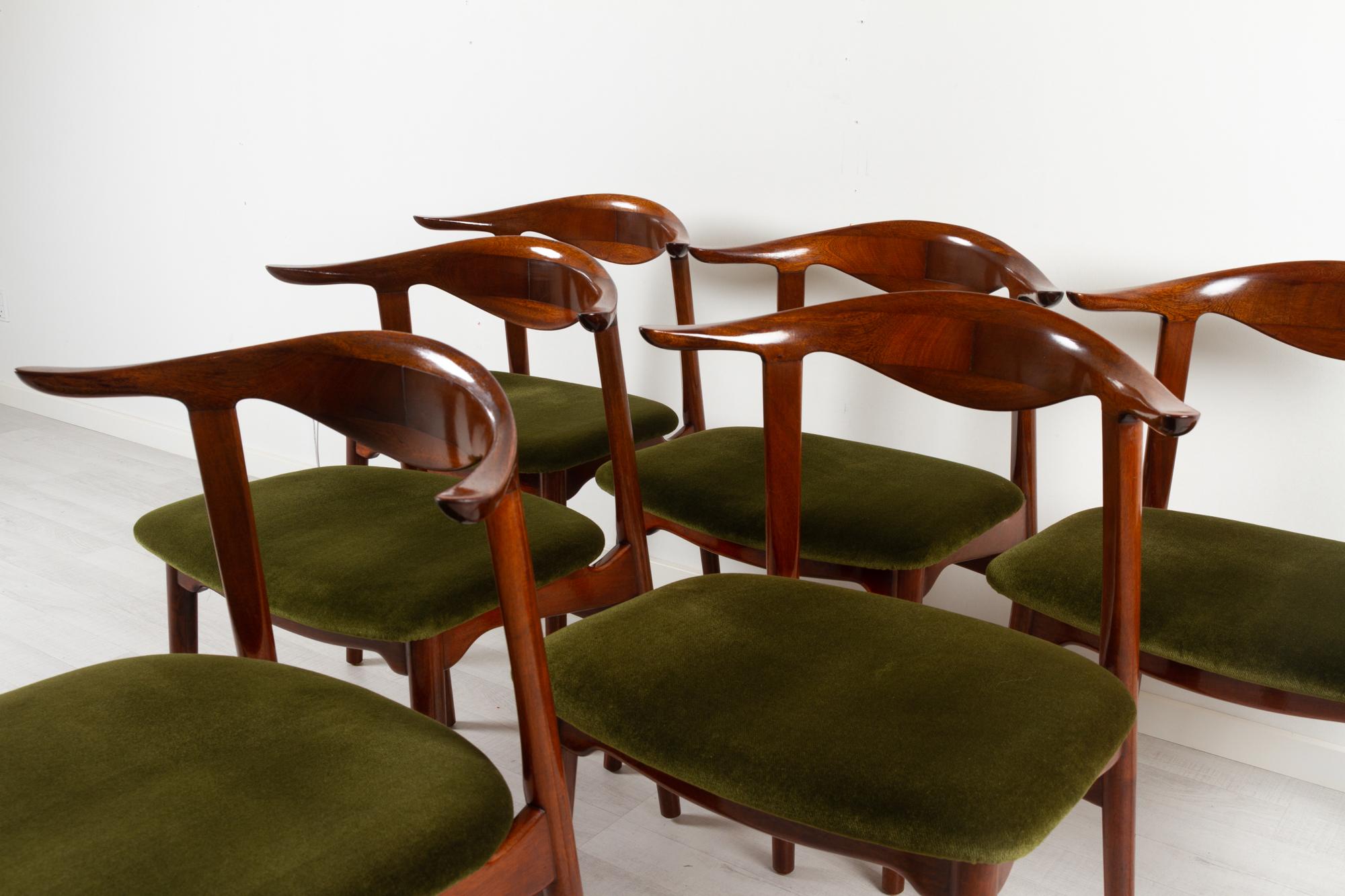 Mid-20th Century Vintage Danish Mahogany Cowhorn Chairs 1940s, Set of 6 For Sale
