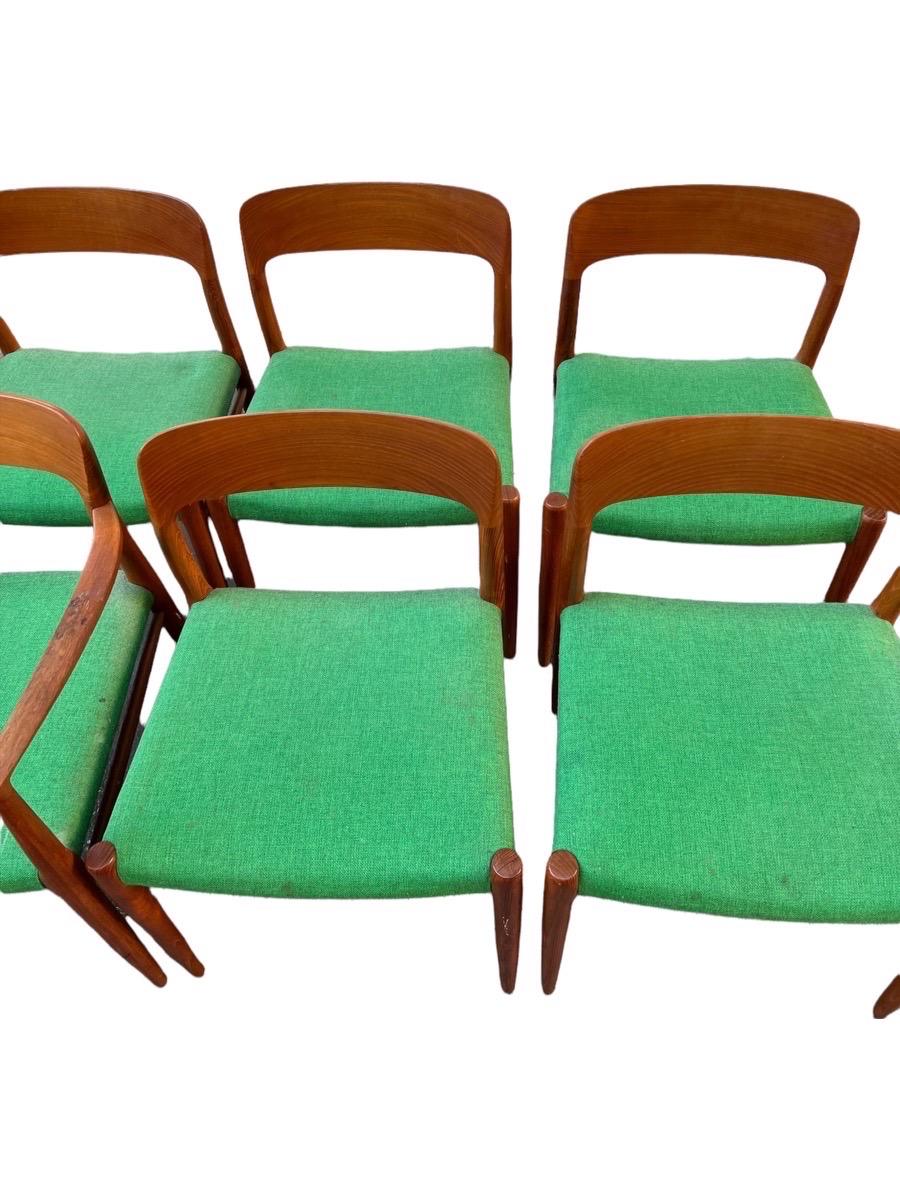 Mid-Century Modern Vintage Danish MCM Dining Chairs by N.O Moller for JL Moller Stamped, Set of 6 For Sale