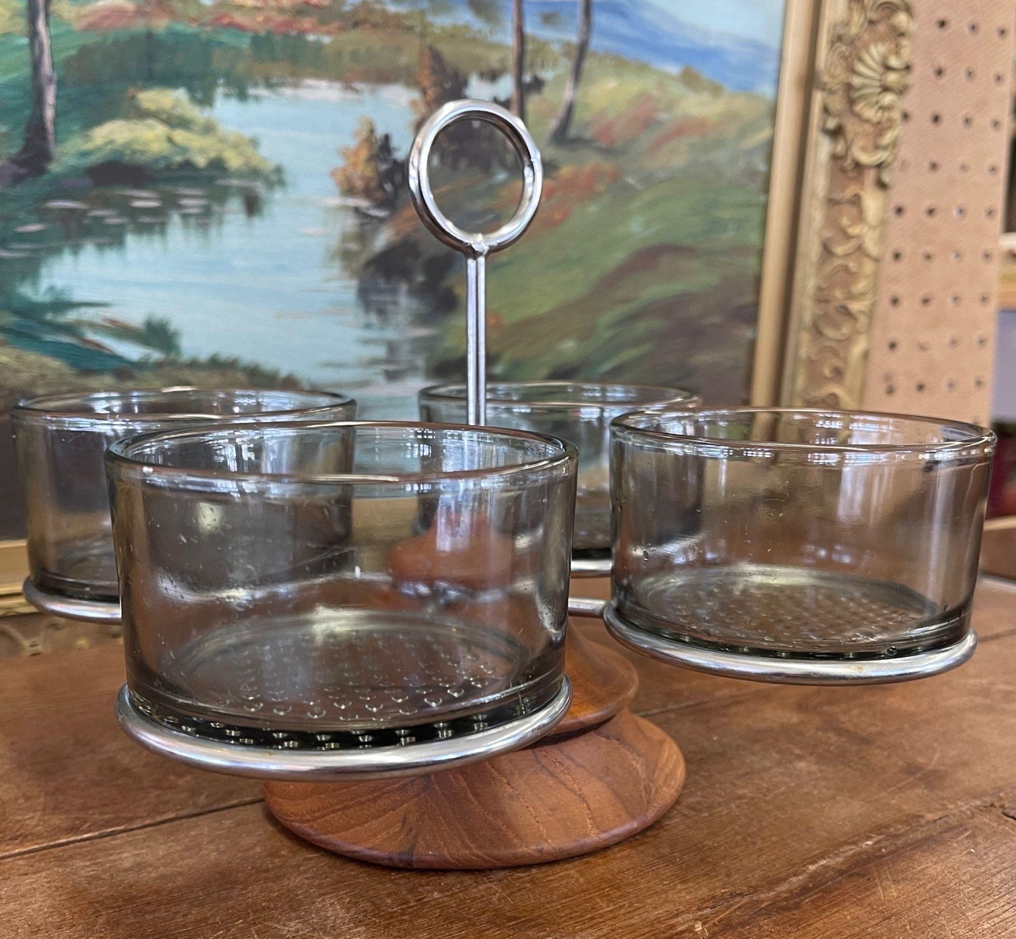 Walnut Toned Lady Susan Base. Chrome toned hardware.Made In Denmark. Mark on the bottom of the glasses. The glasses have a slight tint to them, with textured bottom.

Dimensions. 8 W ; 8 D ; 7 H