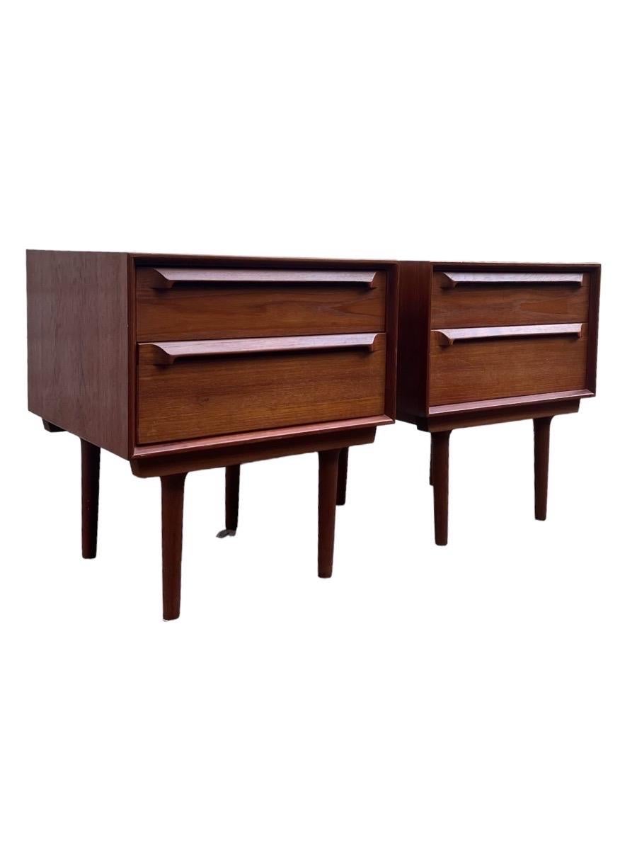Late 20th Century Vintage Danish Mid Century End Table Set, Sculpted Handles Dovetail Drawers For Sale
