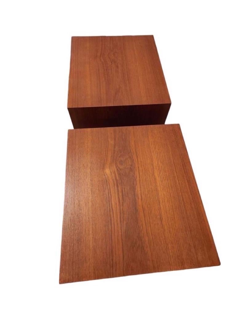 Wood Vintage Danish Mid Century End Table Set, Sculpted Handles Dovetail Drawers For Sale