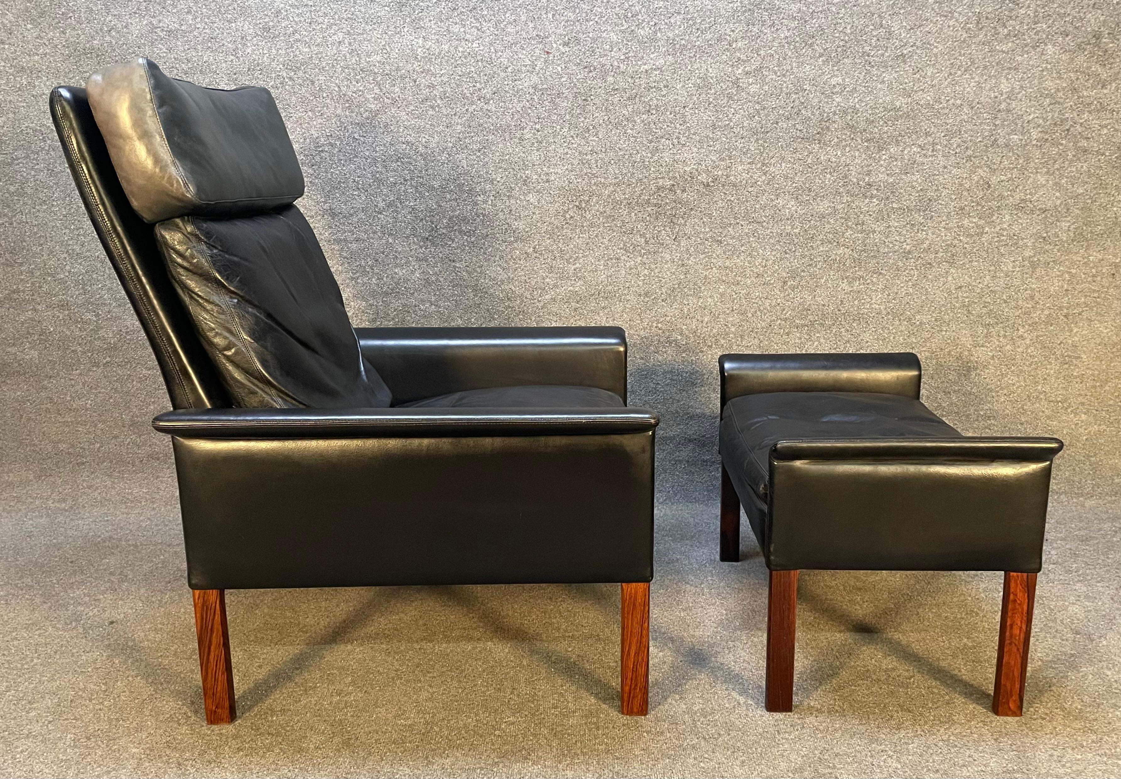 Scandinavian Modern Vintage Danish Mid-Century Leather Lounge Chair and Ottoman by Hans Olsen