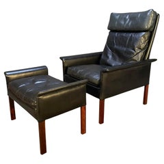 Vintage Danish Mid-Century Leather Lounge Chair and Ottoman by Hans Olsen