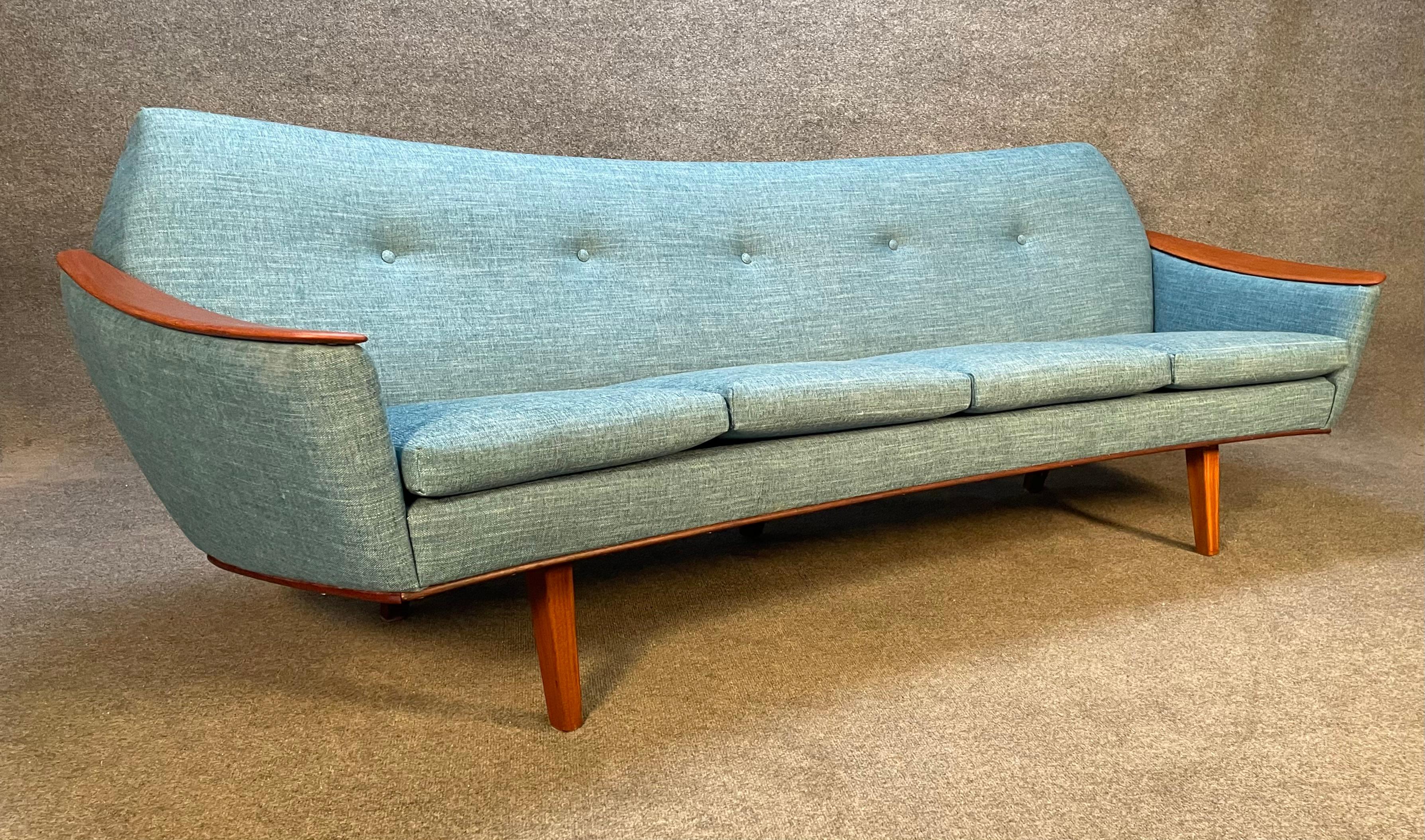 Vintage Danish Mid-Century Modern Curved Sofa With Teak Armrests 5