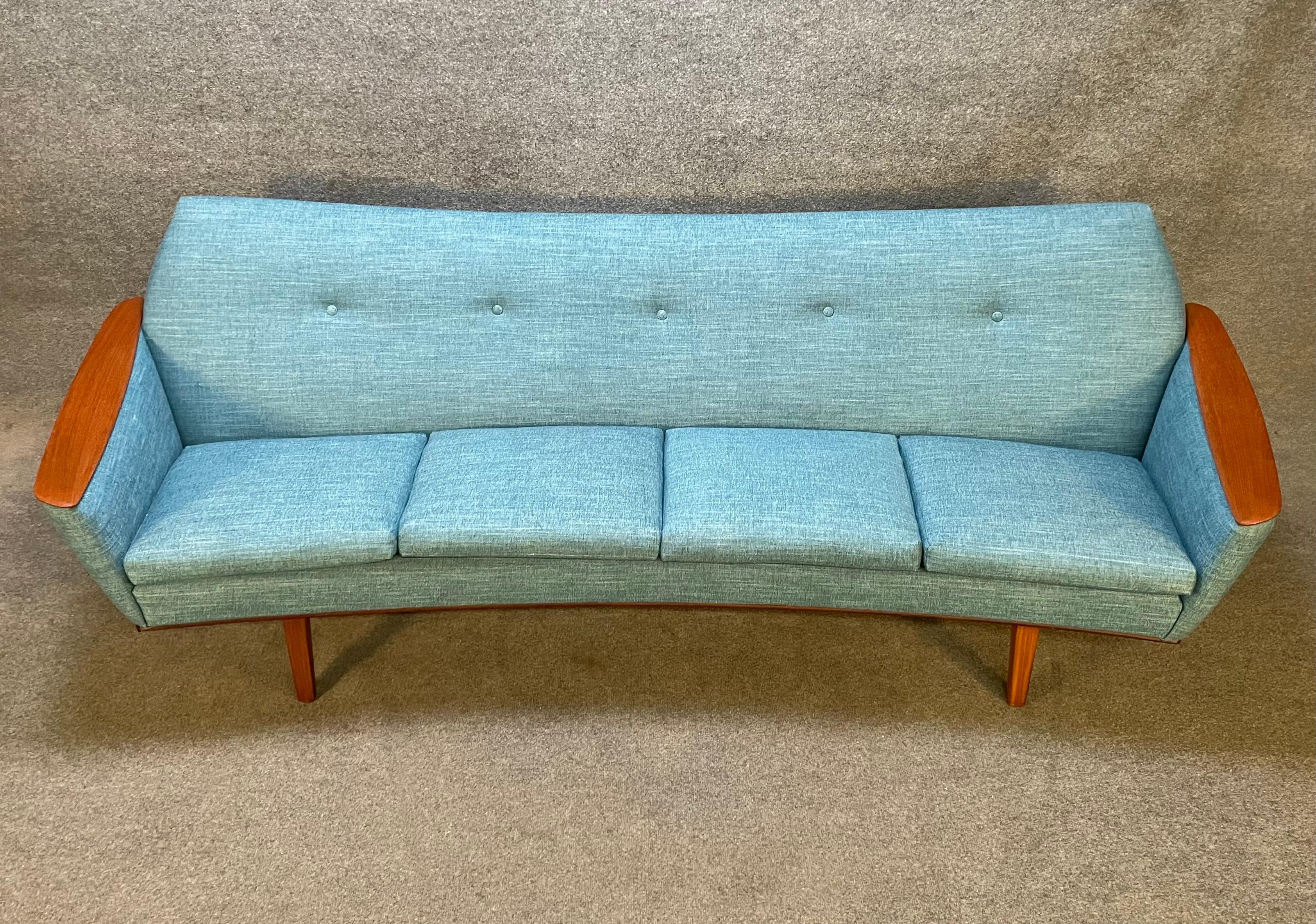 Woodwork Vintage Danish Mid-Century Modern Curved Sofa With Teak Armrests