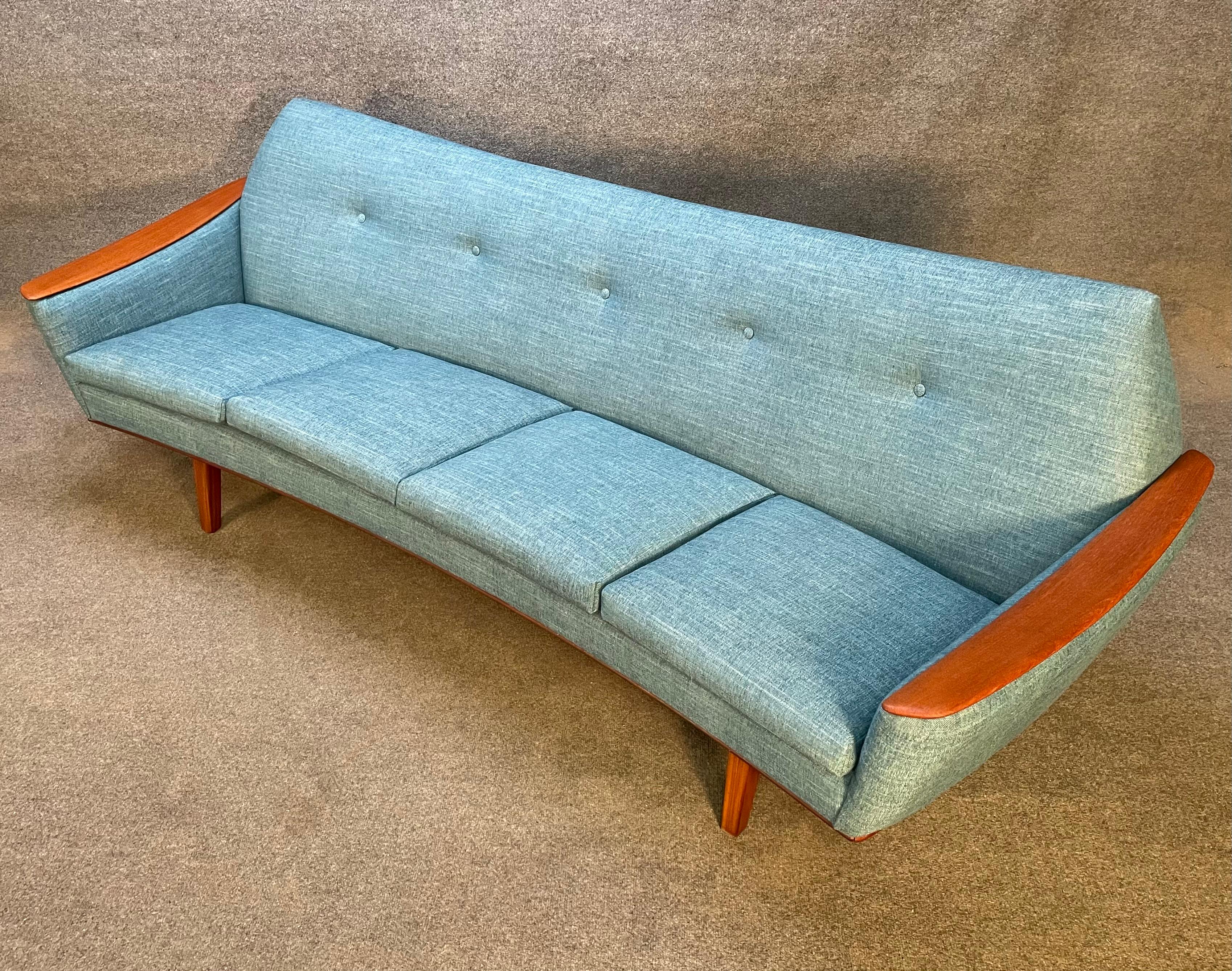 Vintage Danish Mid-Century Modern Curved Sofa With Teak Armrests In Good Condition In San Marcos, CA
