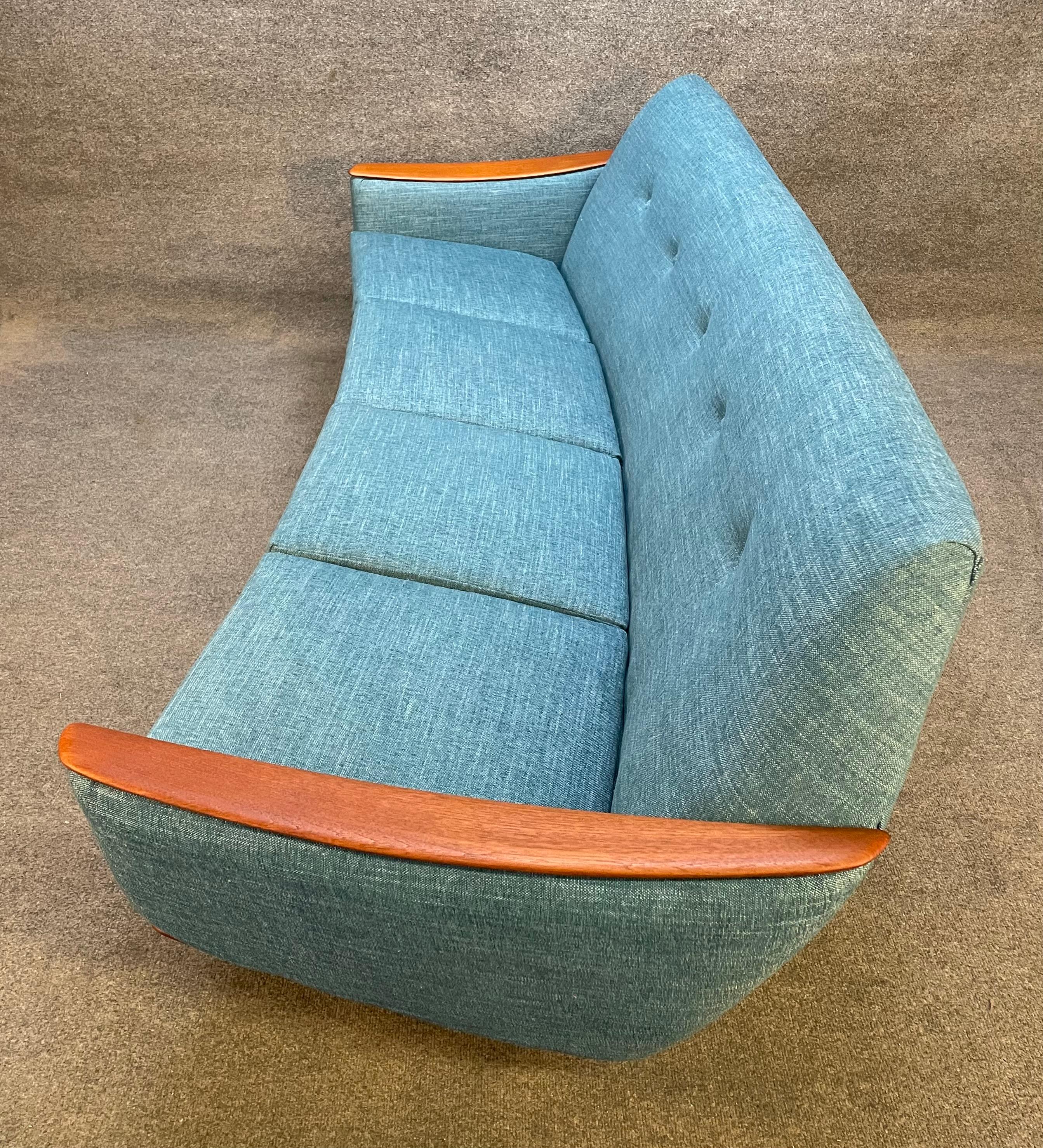 Mid-20th Century Vintage Danish Mid-Century Modern Curved Sofa With Teak Armrests