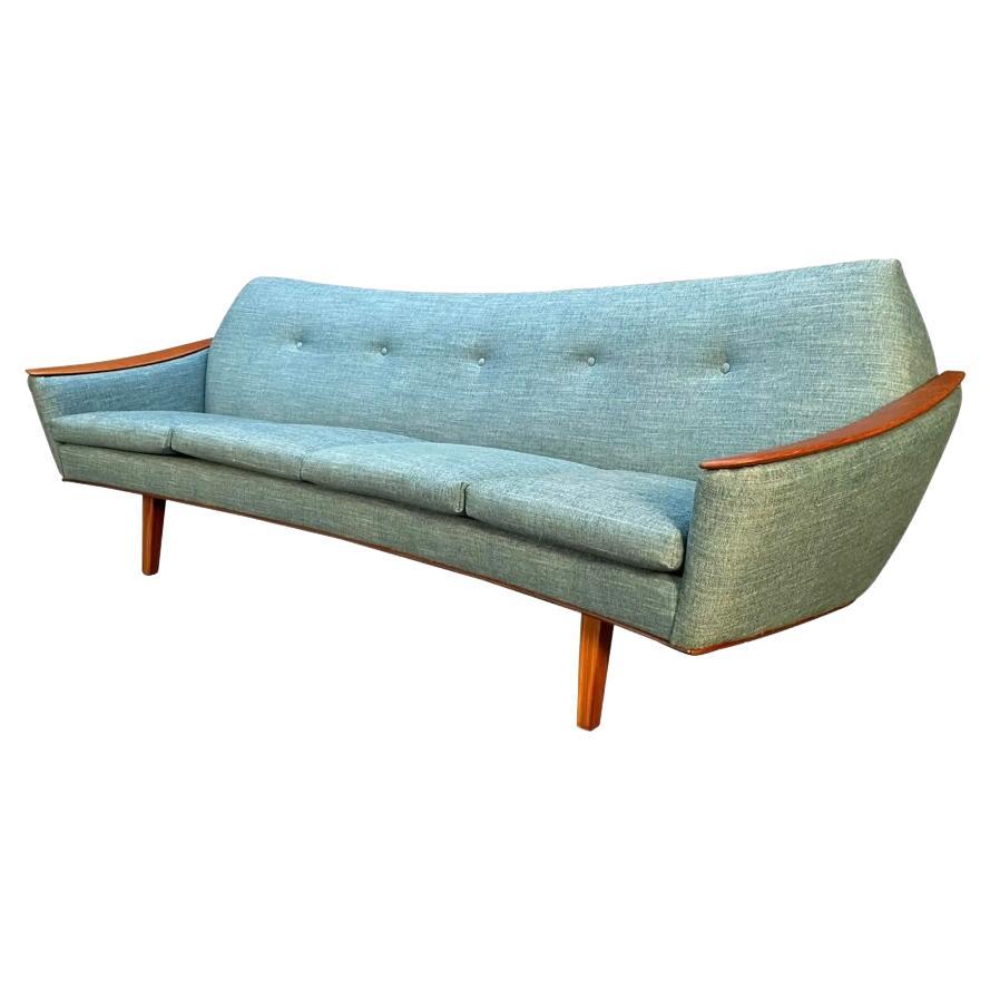 Vintage Danish Mid-Century Modern Curved Sofa With Teak Armrests