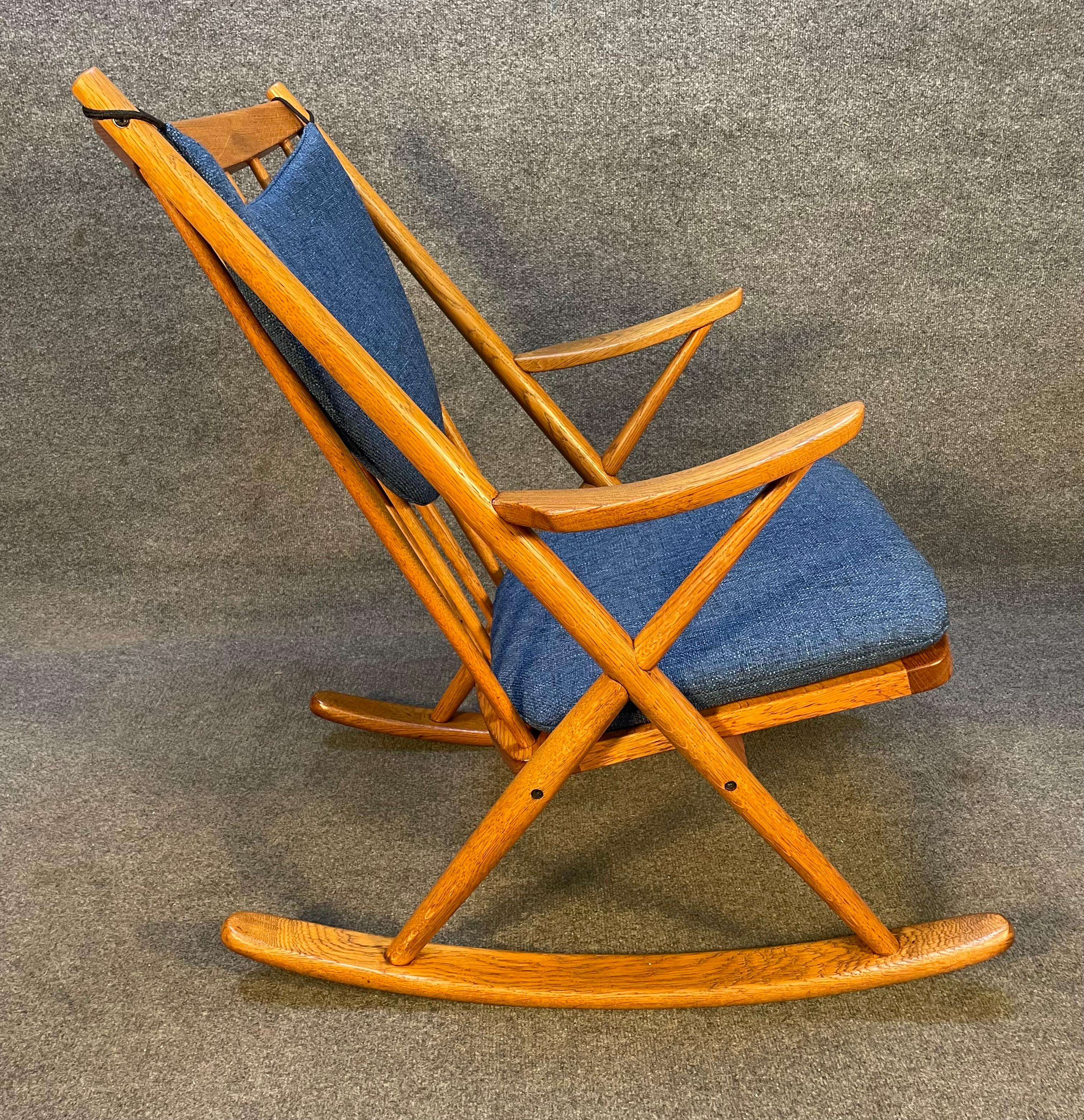 Here is a beautiful scandinavian modern rocking chair in solid oak designed by Frank Reenskaug and manufactured by Bramin Mobler in Denmark in the 1960's.
This comfortable rocker, recently imported from Europe to California before its refinishing,