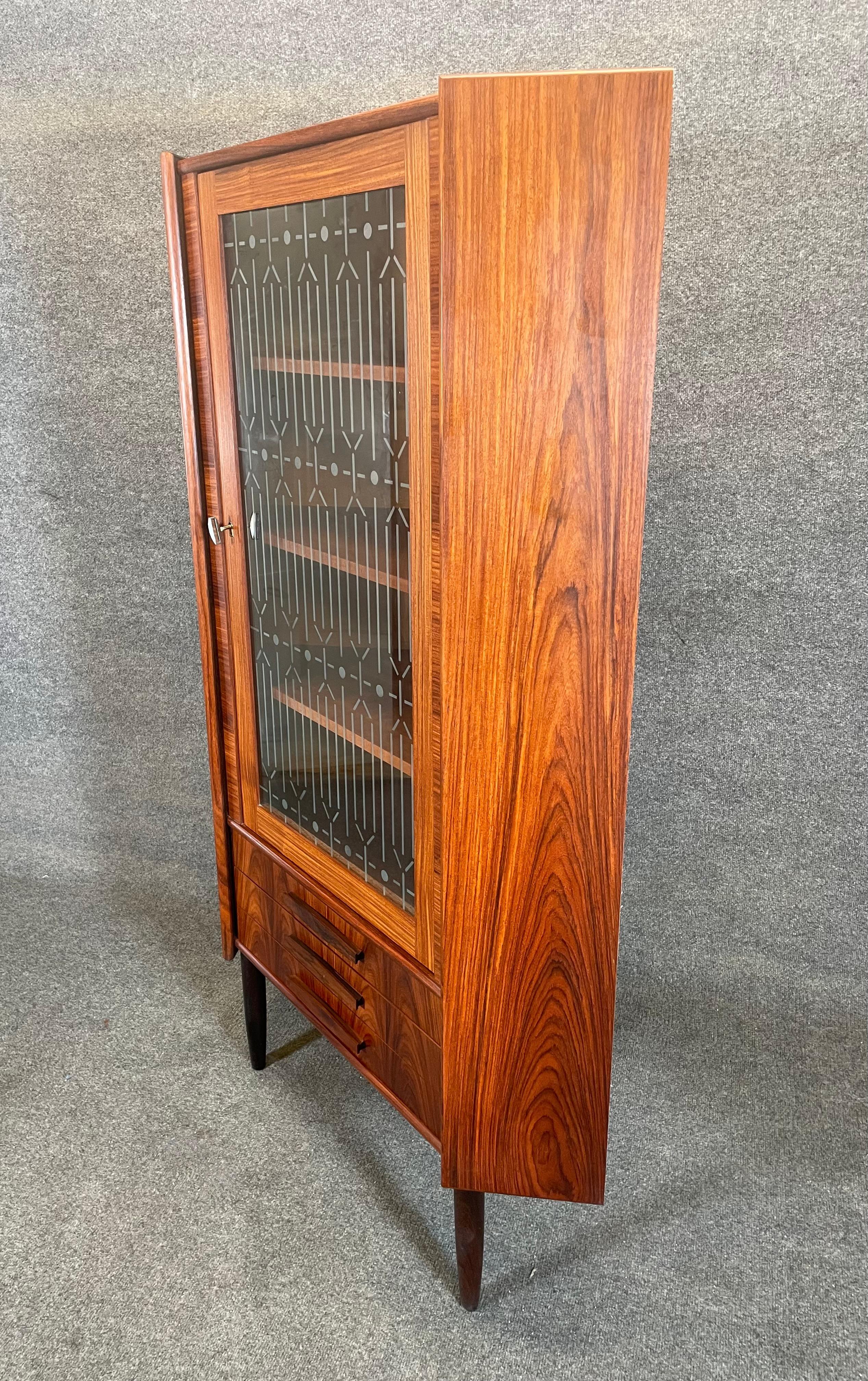 Woodwork Vintage Danish Mid Century Modern Rosewood Corner Cabinet With Etched Glass