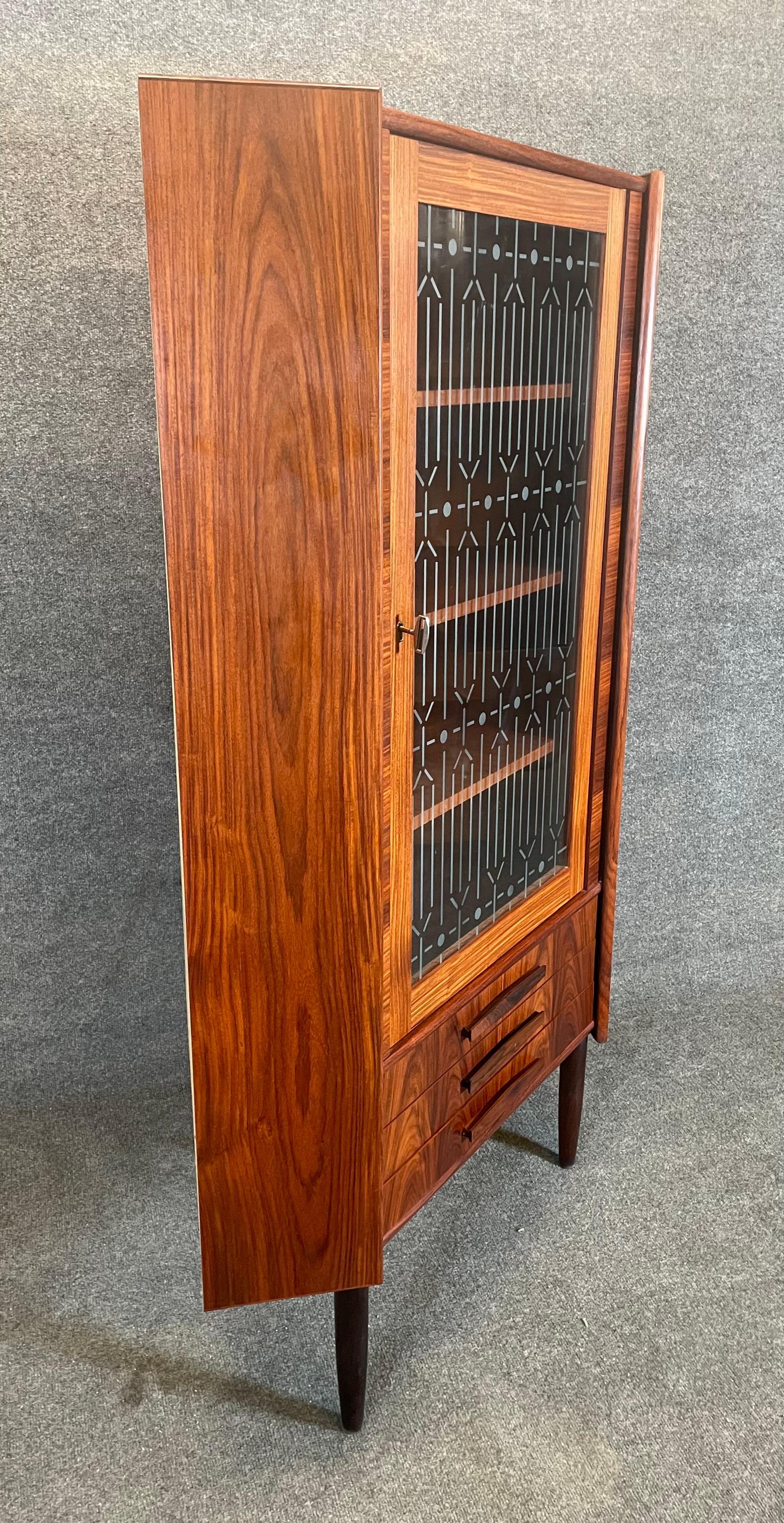 Mid-20th Century Vintage Danish Mid Century Modern Rosewood Corner Cabinet With Etched Glass