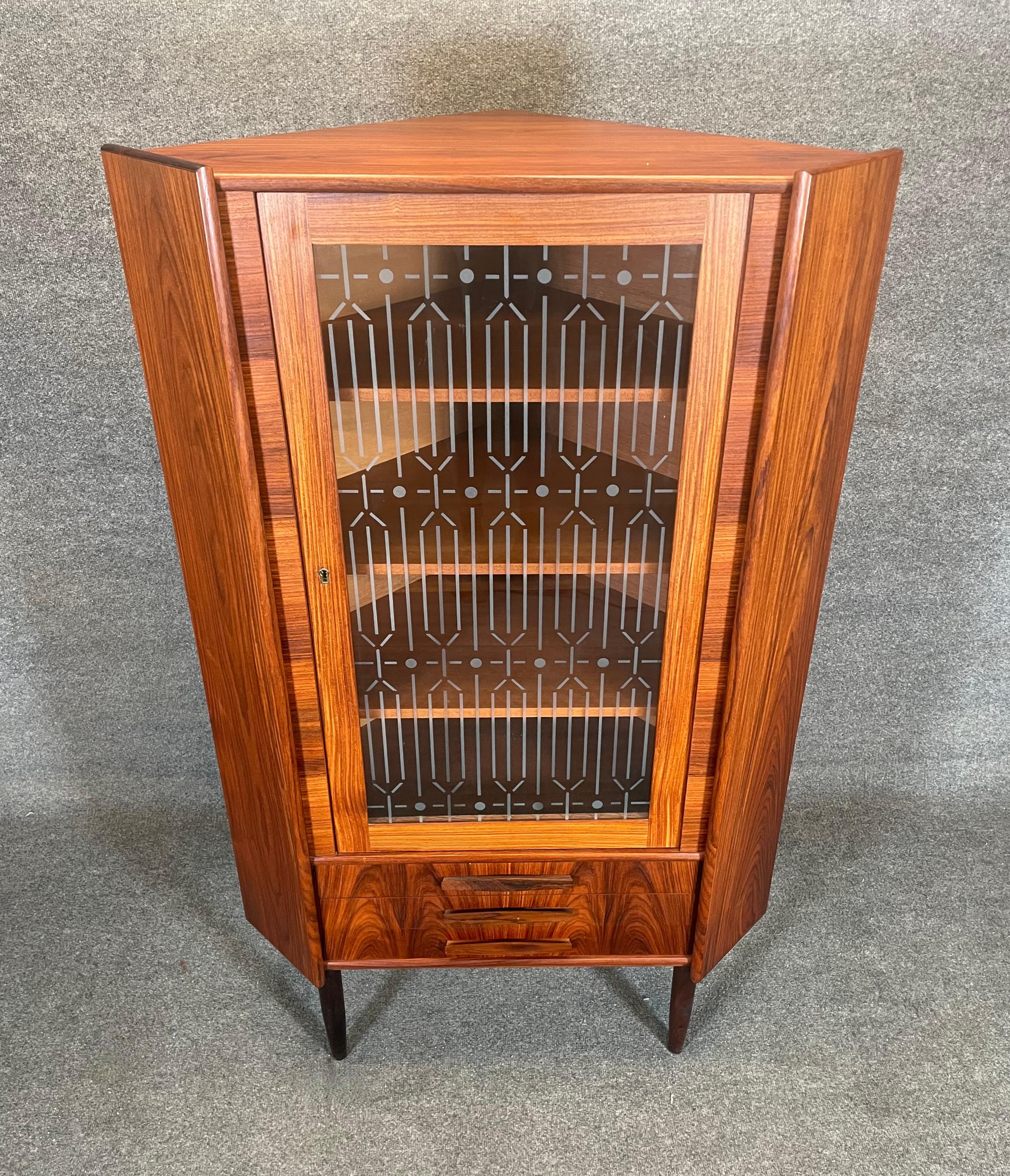 Vintage Danish Mid Century Modern Rosewood Corner Cabinet With Etched Glass 1