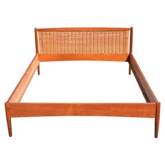 Vintage Danish Mid-Century Modern Teak and Cane Headboard and Bed Frame