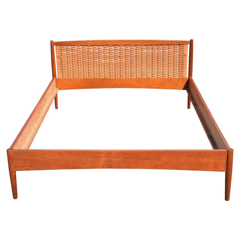 Vintage Danish MidCentury Modern Teak and Cane Headboard and Bed Frame