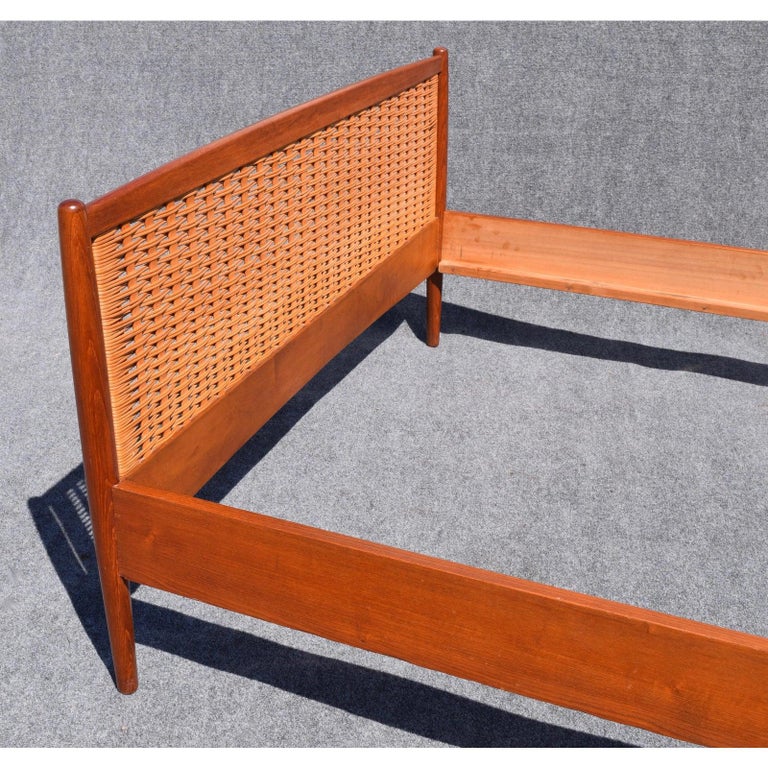 Vintage Danish MidCentury Modern Teak and Cane Headboard and Bed Frame