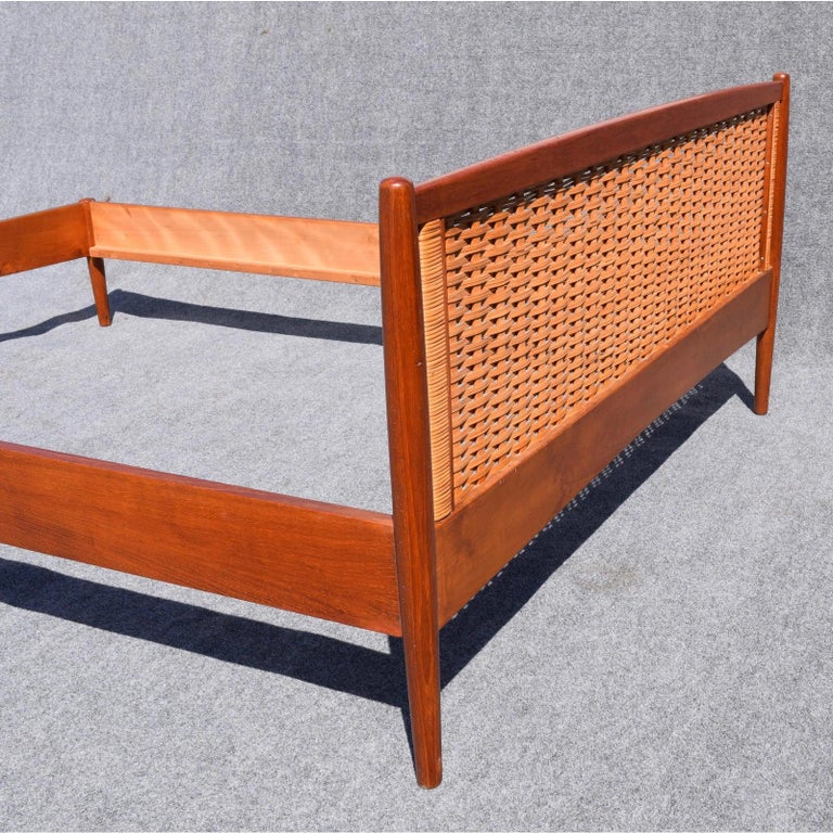 Vintage Danish MidCentury Modern Teak and Cane Headboard and Bed Frame