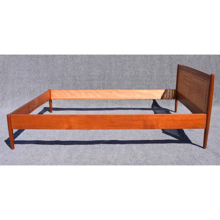 Vintage Danish MidCentury Modern Teak and Cane Headboard and Bed Frame