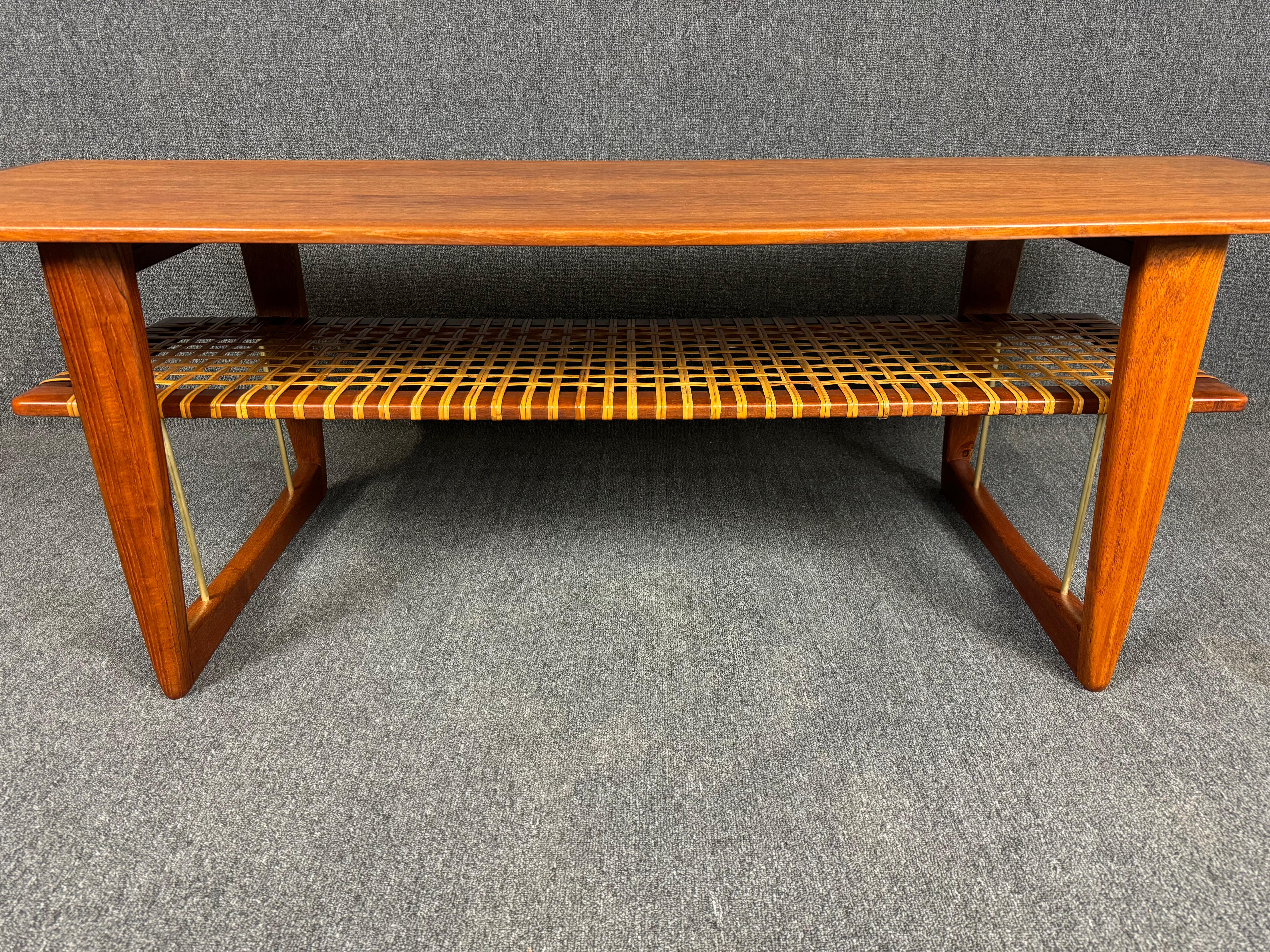 Scandinavian Modern Vintage Danish Mid Century Modern Teak Coffee Table With Rattan Magazine Shelf For Sale