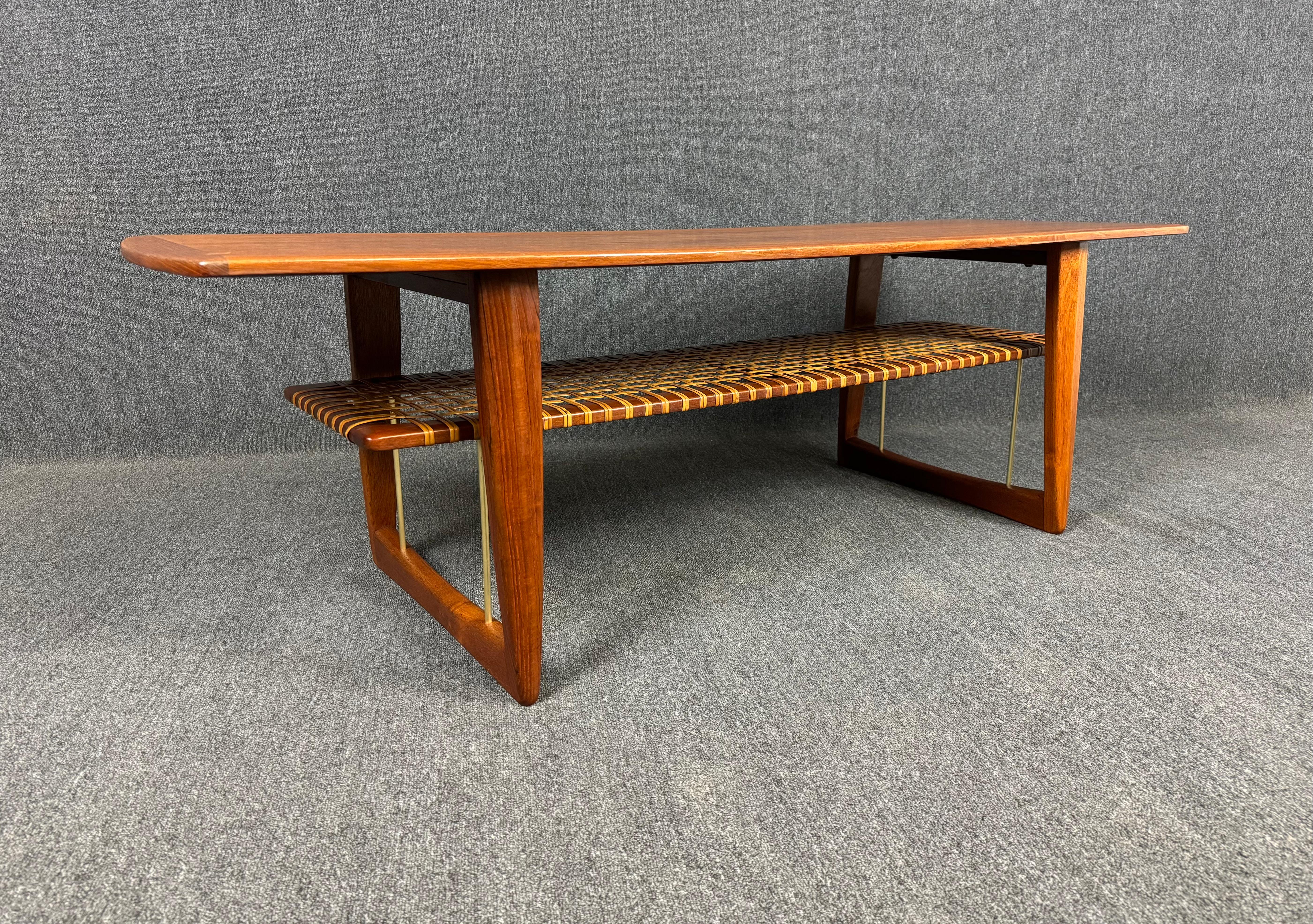 Woodwork Vintage Danish Mid Century Modern Teak Coffee Table With Rattan Magazine Shelf For Sale