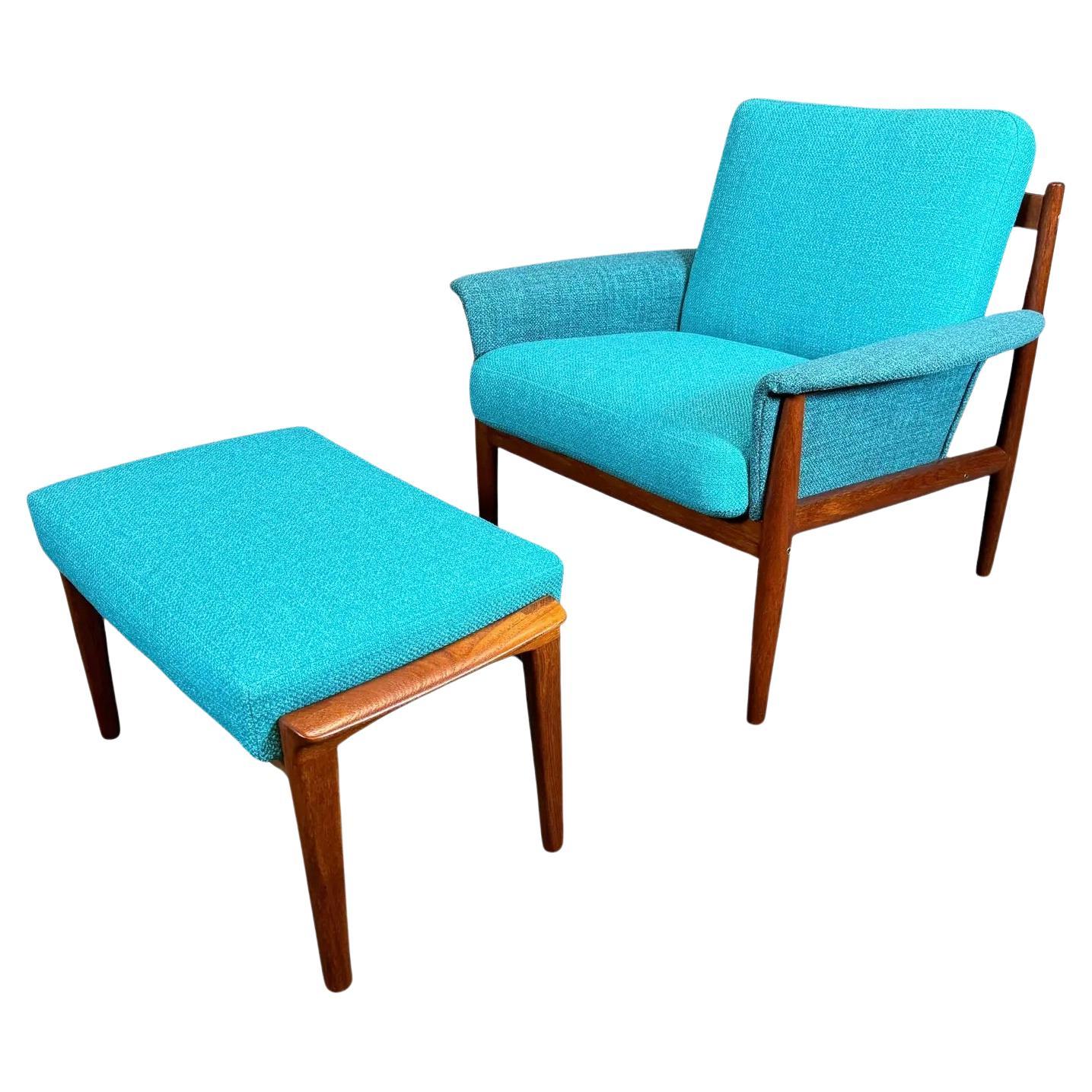 Vintage Danish Mid Century Modern Teak Lounge Chair and Ottoman by Grete Jalk For Sale