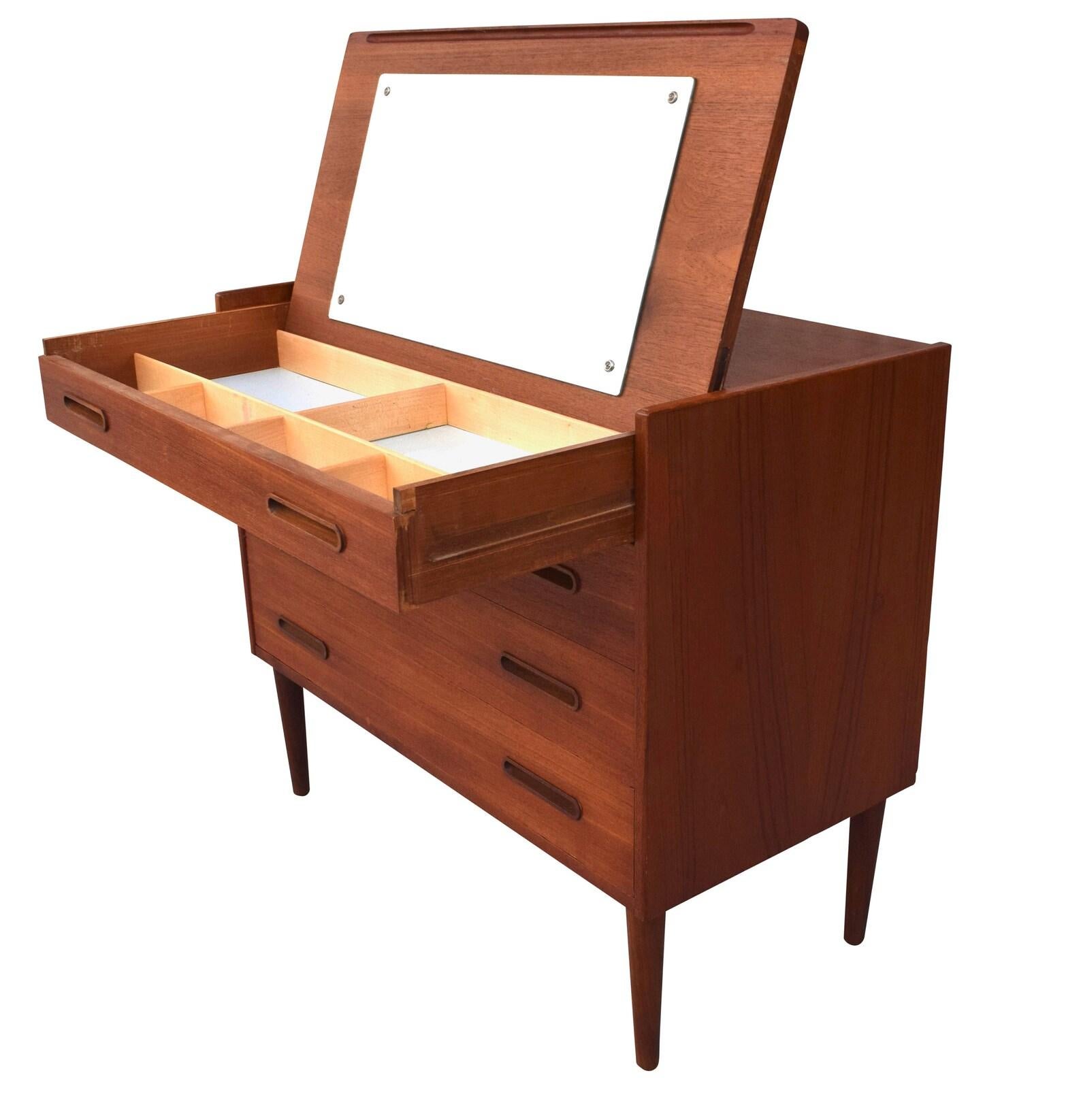 Woodwork Vintage Danish Mid Century Modern Teak Low Boy Dresser Vanity For Sale