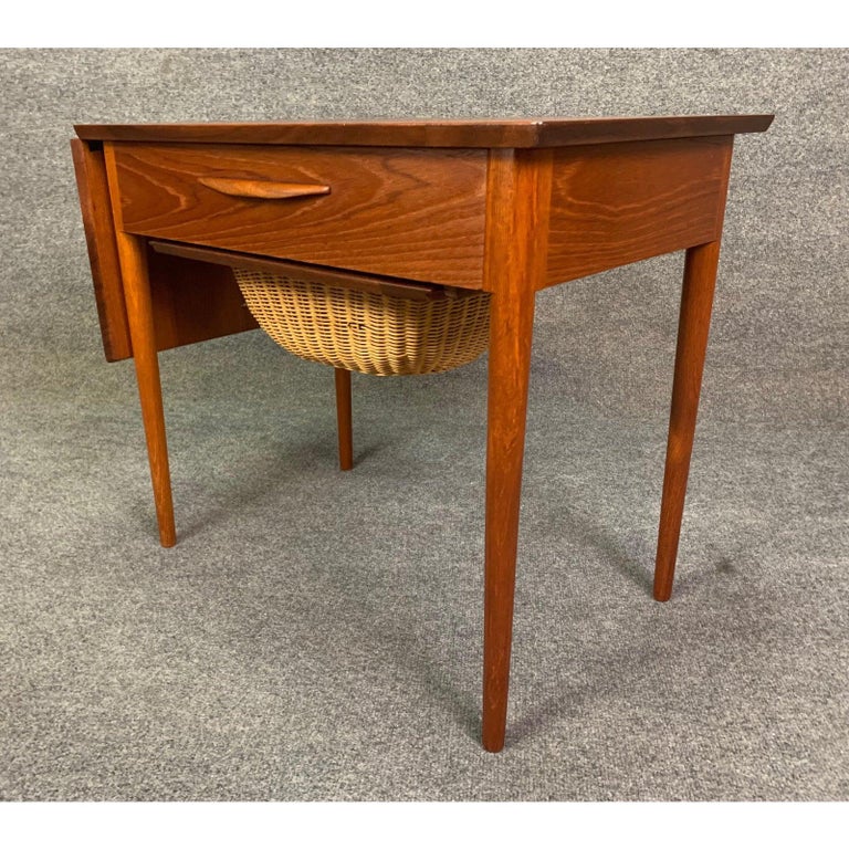 Vintage Danish MidCentury Modern Teak Sewing Drop Leaf End Table For