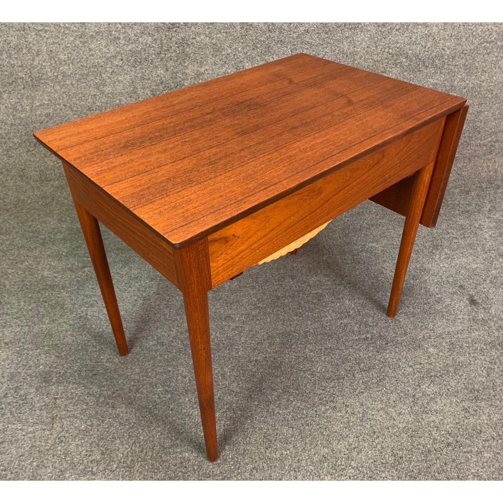 Woodwork Vintage Danish Mid-Century Modern Teak Sewing Drop Leaf End Table For Sale
