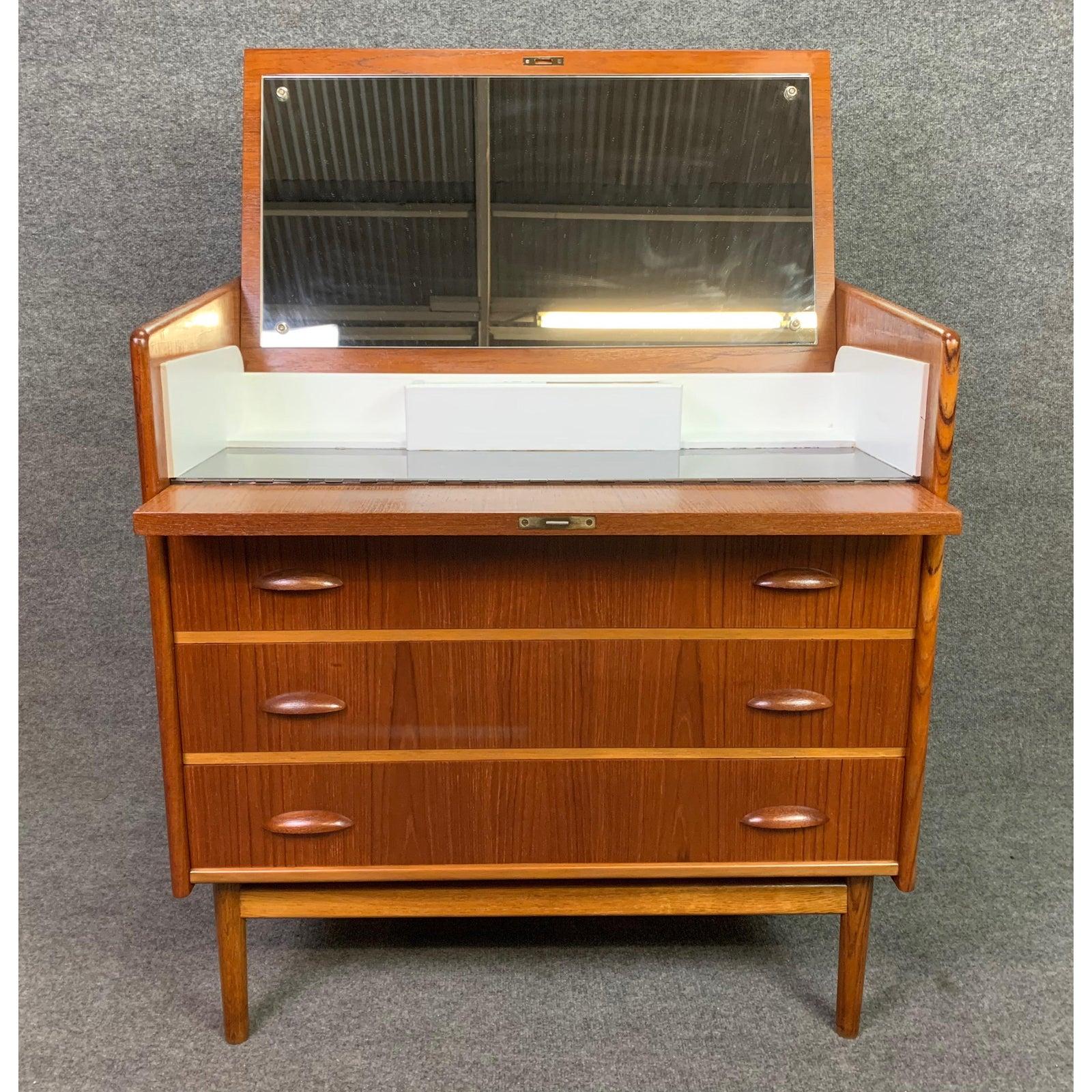 Scandinavian Modern Vintage Danish Mid-Century Modern Teak Vanity, Low Boy Dresser