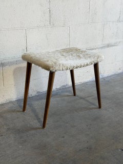 Vintage Danish Mid Century Modern Teak Vanity Stool with Sheepskin Upholstery