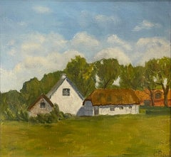 Vintage Danish mid century oil painting of houses in a green summer landscape