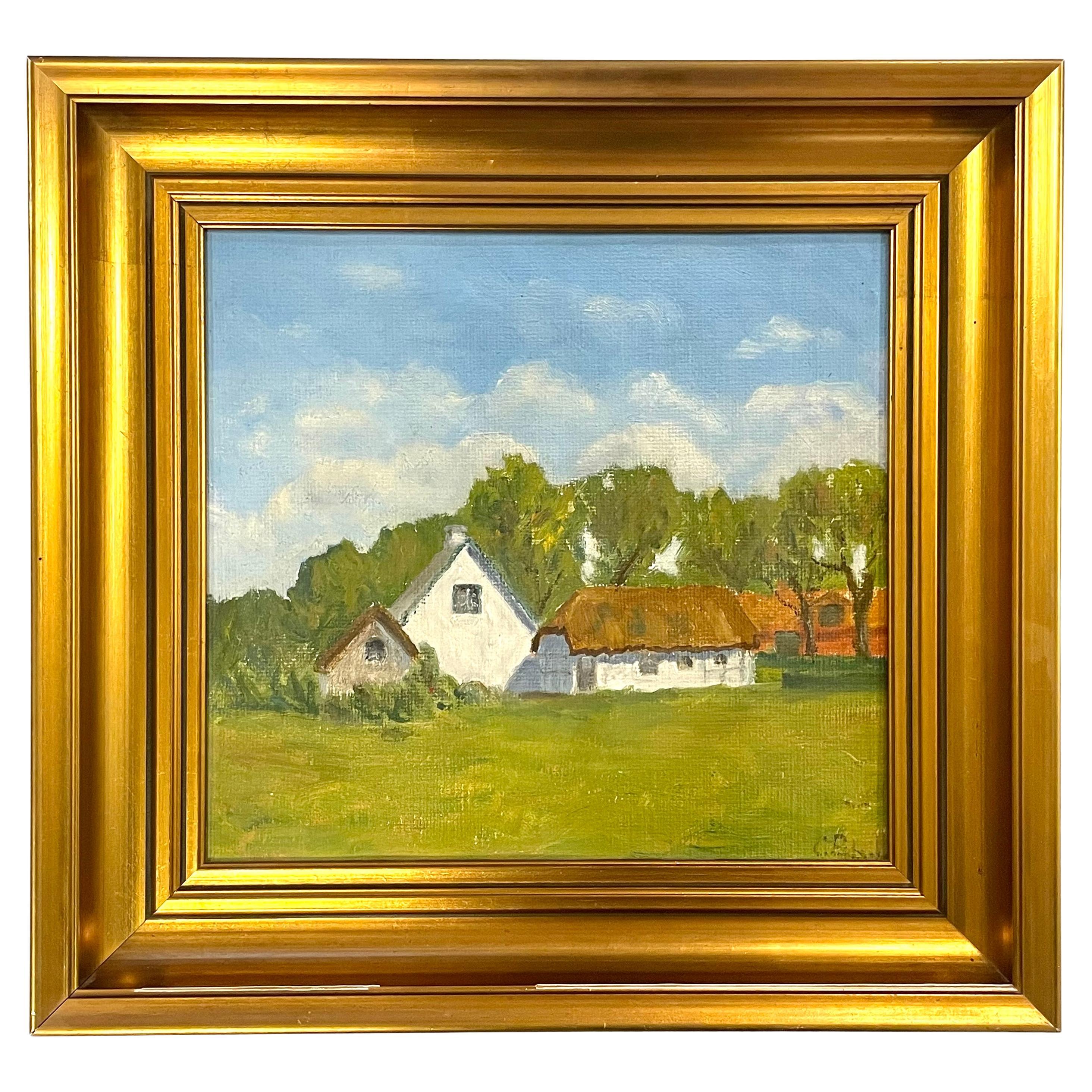 Vintage Danish mid century oil painting of houses in a green summer landscape