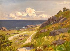 Vintage Danish mid-century painting of coastal landscape in warm afternoon light