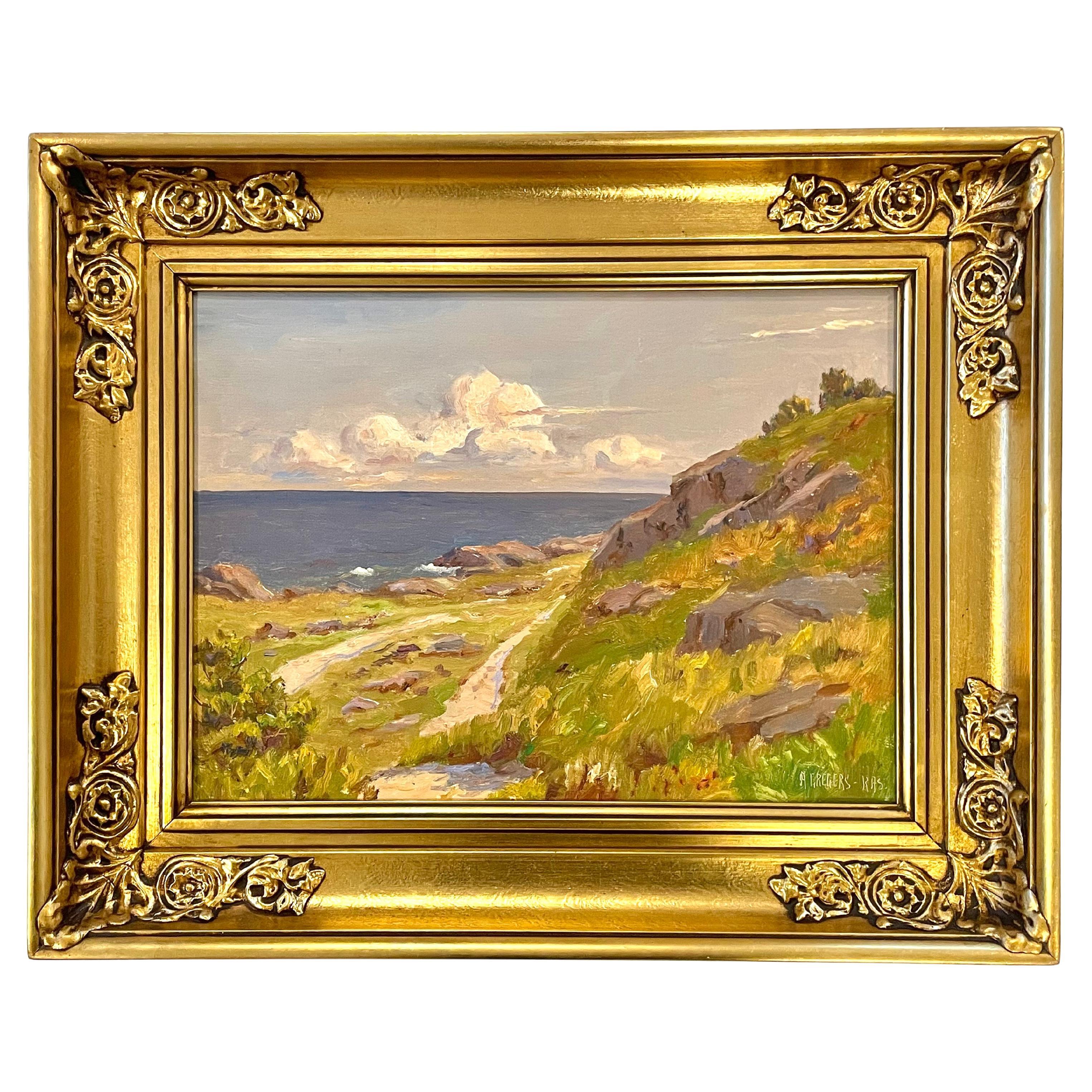 Vintage Danish Mitte des Jahrhunderts Gemälde der Küstenlandschaft in warmen Nachmittagslicht