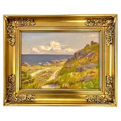 Vintage Danish mid-century painting of coastal landscape in warm afternoon light