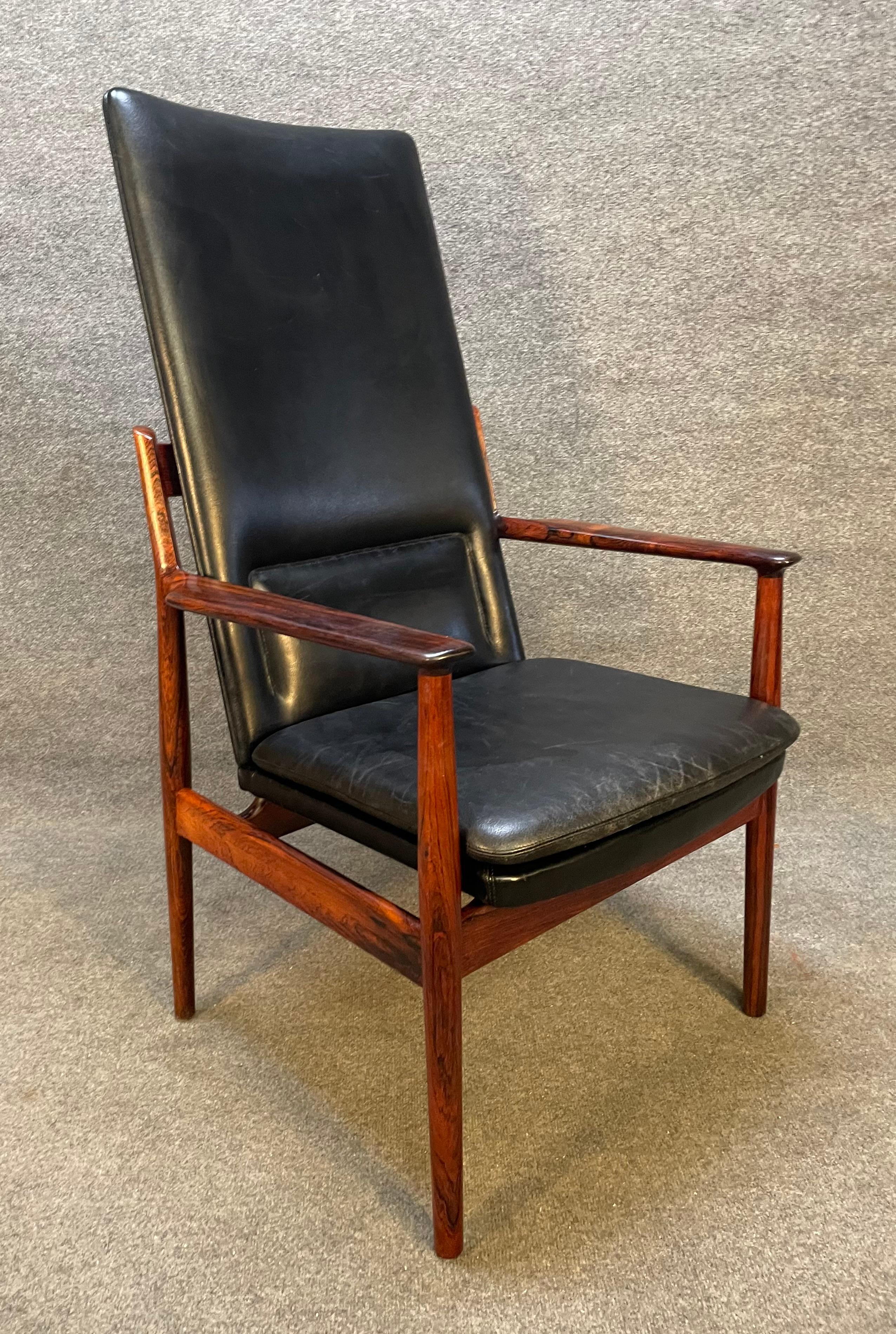 Here is a very rare ultra high back version of the Model 341 chair in rosewood designed by Arne Vodder for Sibast Mobler, Denmark, 1960's.
This comfortable chair, recently imported from Europe to California, features a solid Brazilian rosewood
