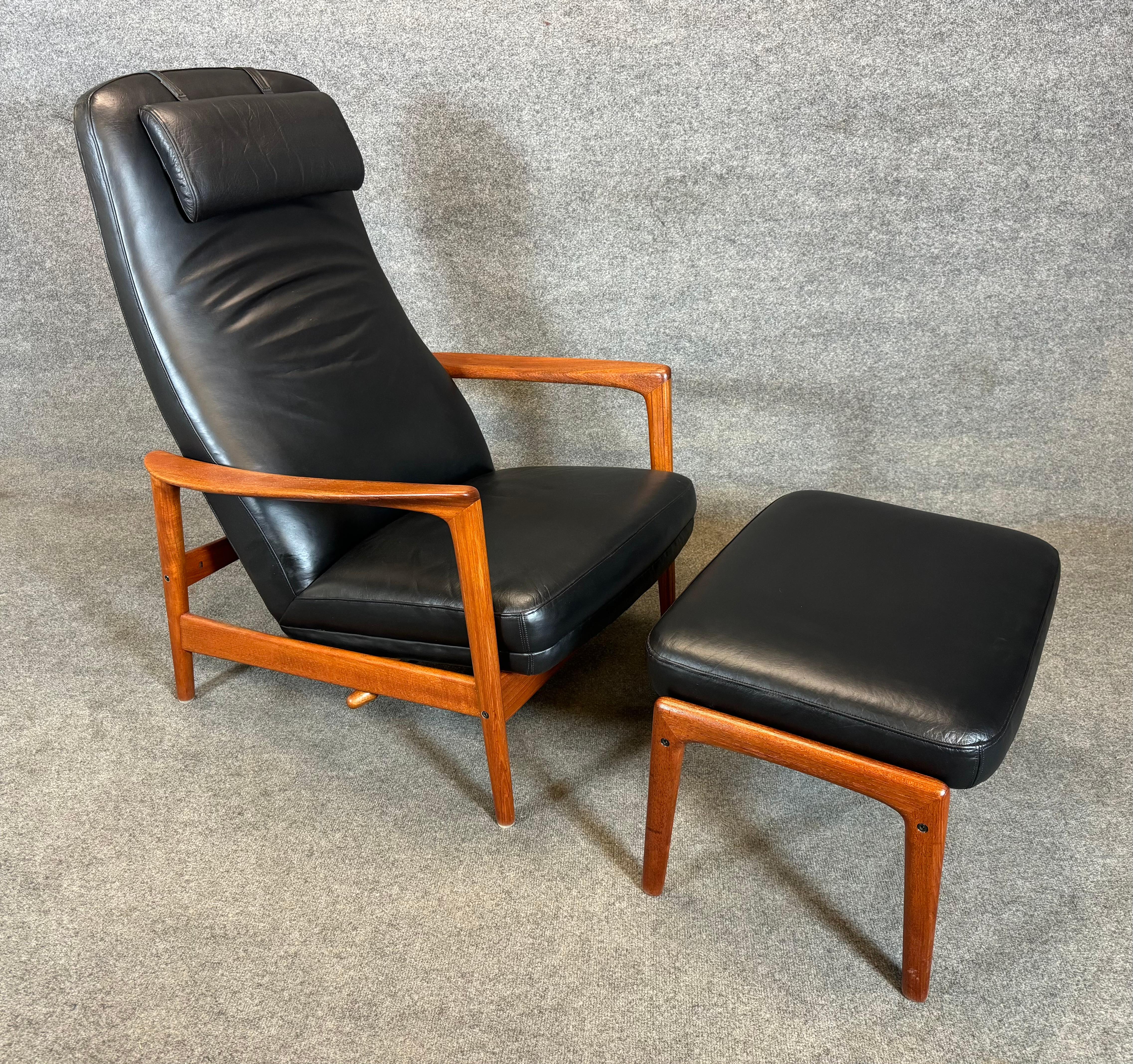 Vintage Danish Mid Century Teak Lounge Chair + Ottoman by Folke Ohlsson for DUX 2