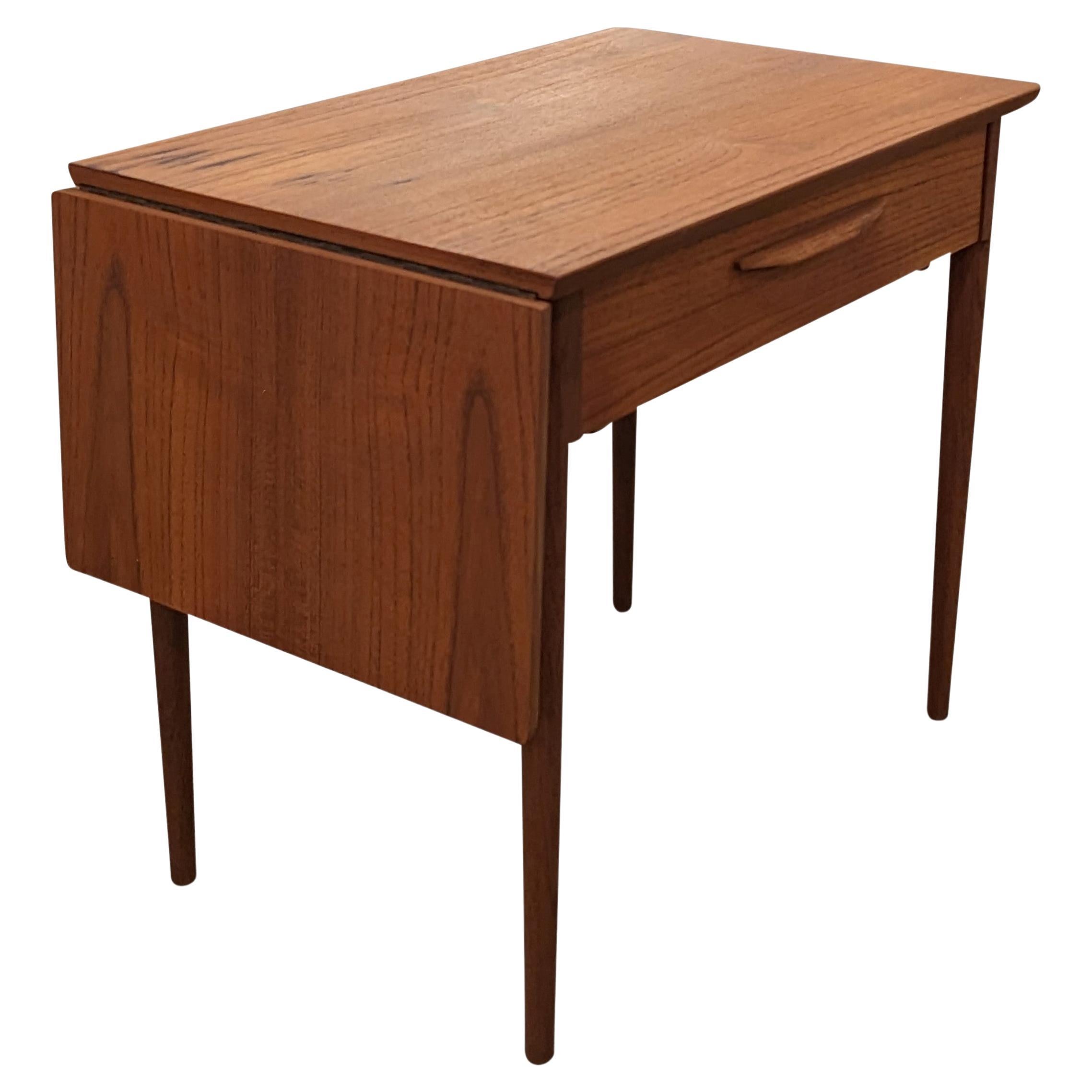 Vintage Danish Mid Century Teak Sewing / Side Table w Leaf - 122207