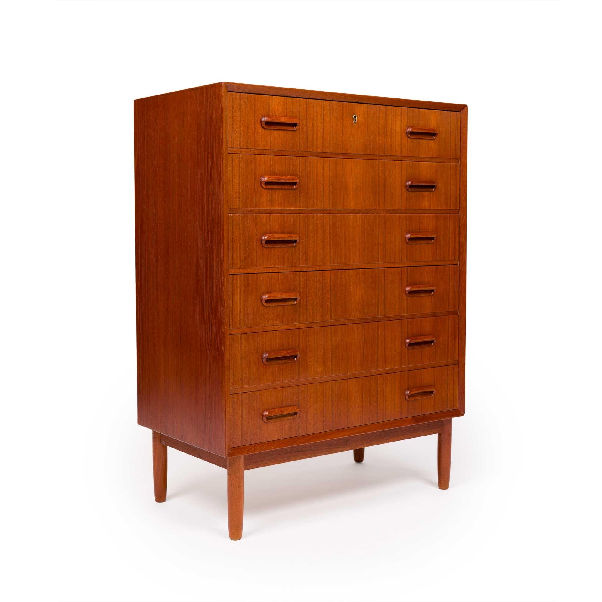 Mid-Century Modern Vintage Danish Mid-Century Teak Six Drawer Tallboy Dresser For Sale