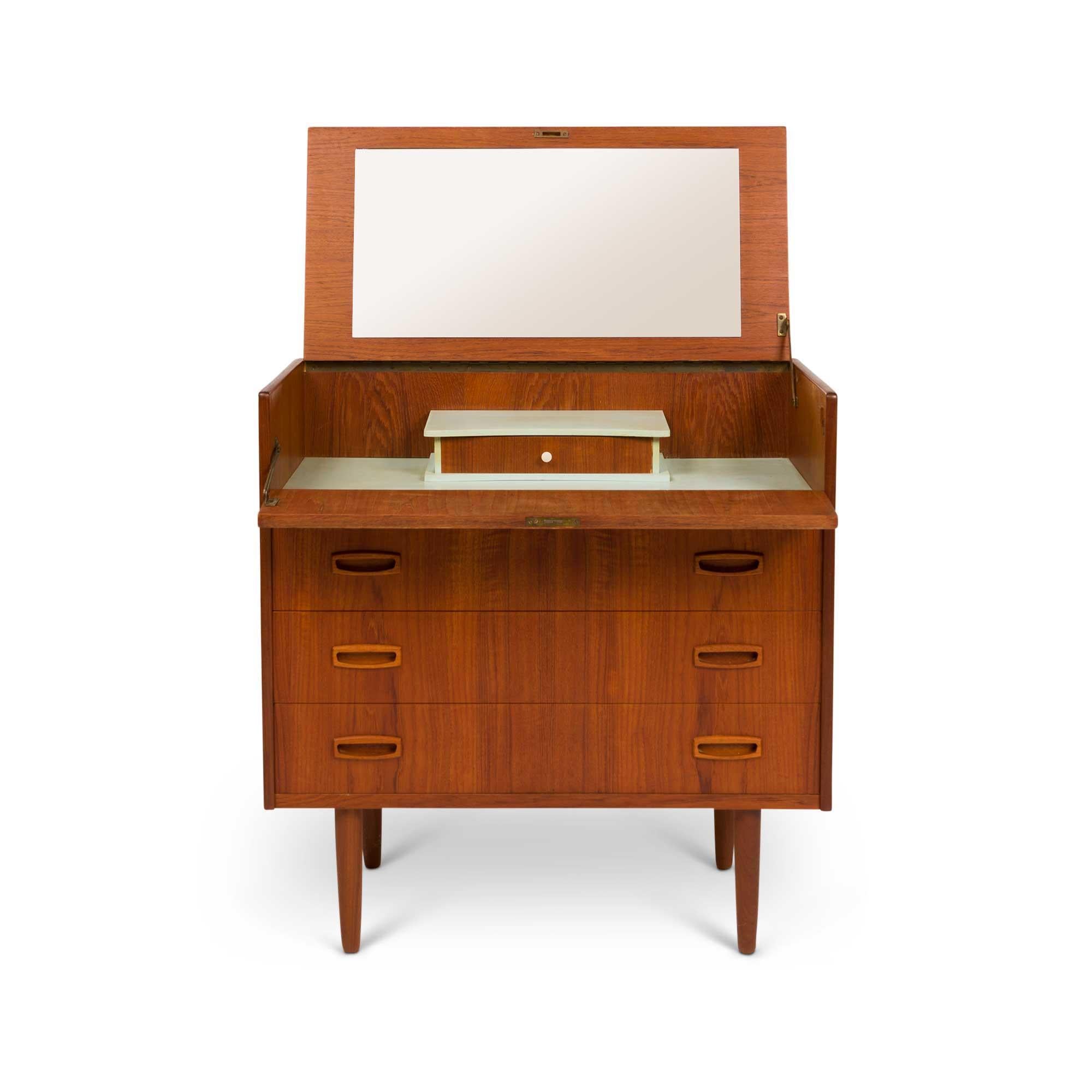 Mid-Century Modern Vintage Danish Mid-Century Teak Three Drawer Vanity Dresser For Sale
