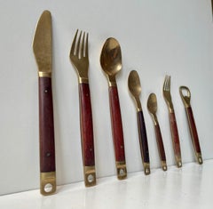Vintage Danish Modern Brass & Teak Cutlery Set by Carl Cohr, 1960s, 12 persons