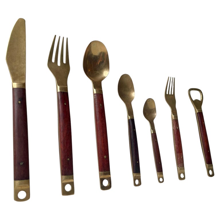 Vintage Danish Modern Brass & Teak Cutlery Set by Carl Cohr, 1960s, 12 persons