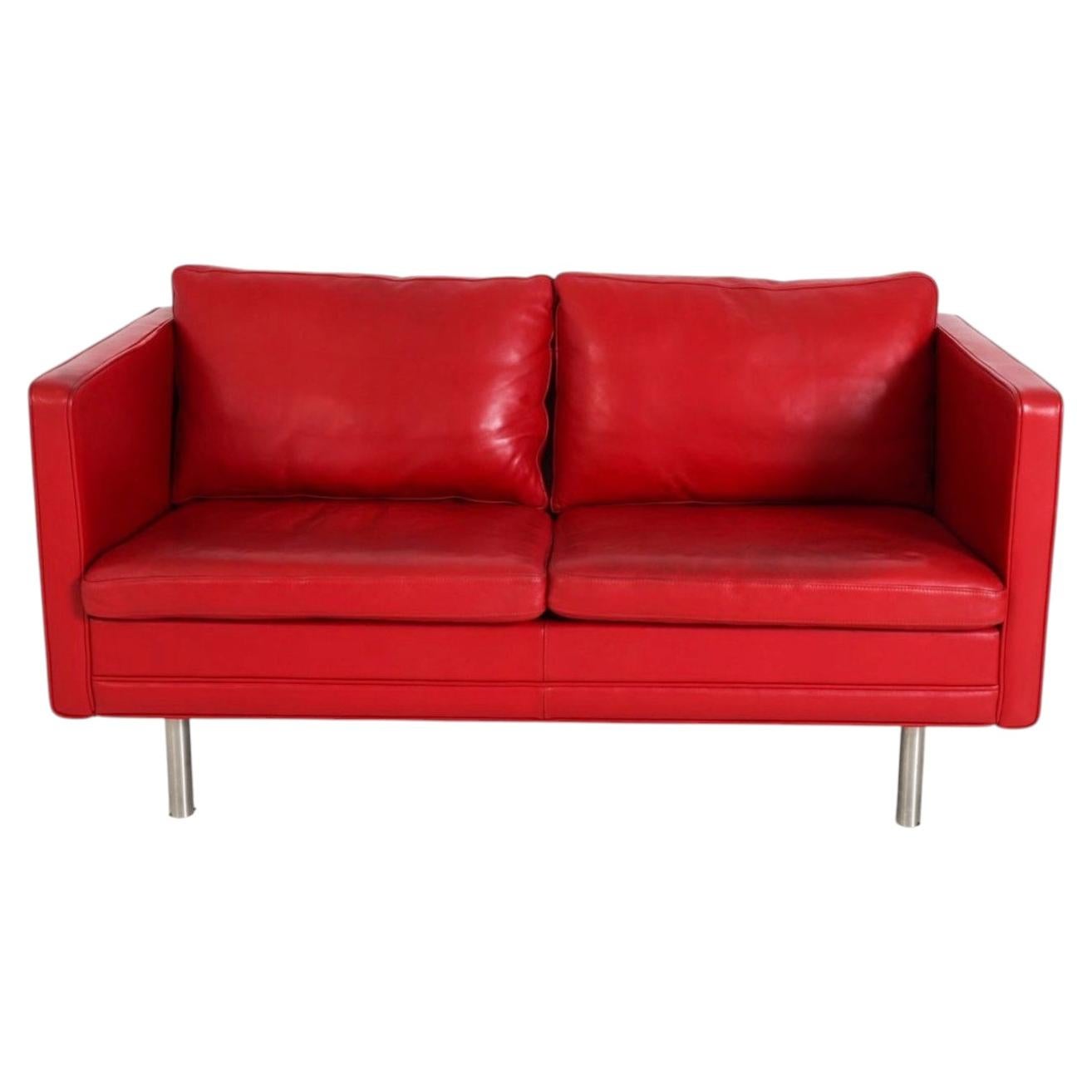 Vintage Danish Modern Bright Red leather sofa Loveseat by Erik Jørgensen