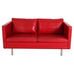 Vintage Danish Modern Bright Red leather sofa Loveseat by Erik Jørgensen