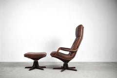 Vintage Danish Modern Brown Leather Easy Chair & Ottoman Set from Berg Furniture