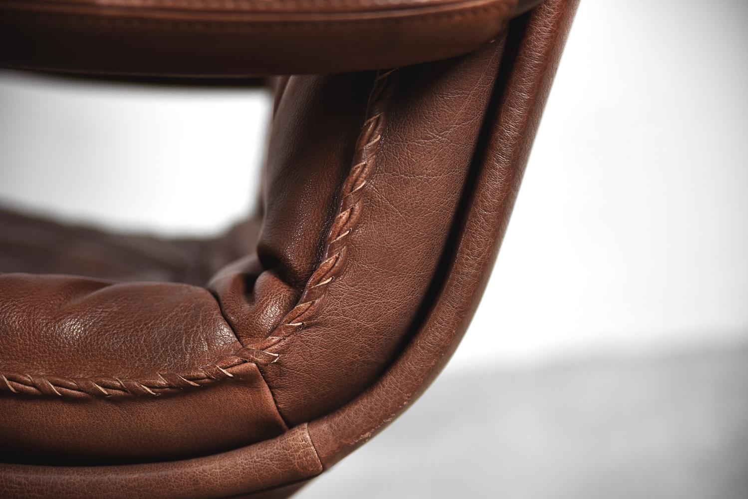 Scandinavian Modern Vintage Danish Modern Brown Leather Easy Chair & Ottoman Set from Berg Furniture For Sale